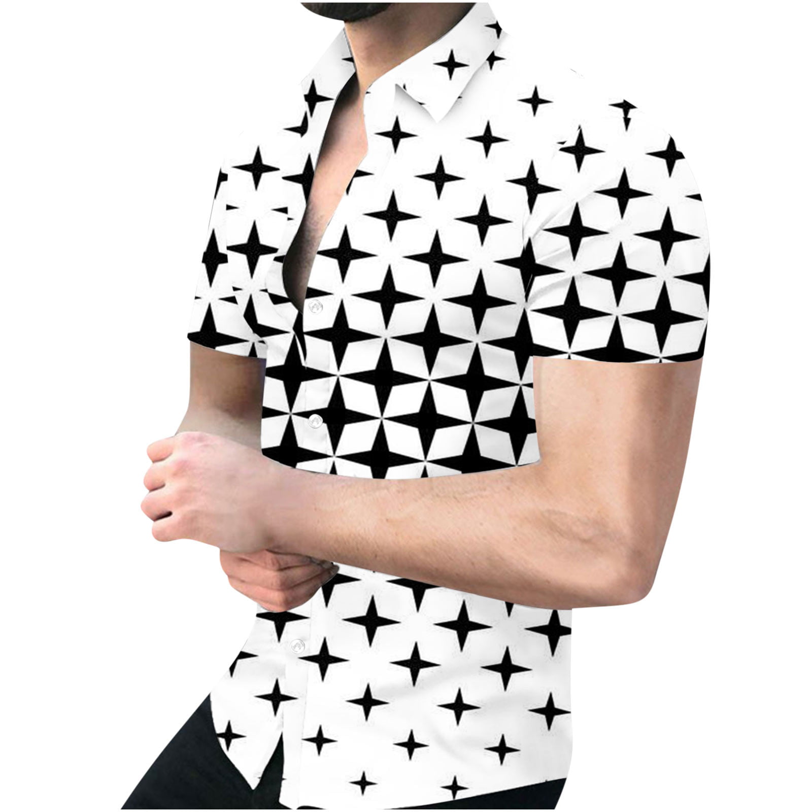 ZCFZJW Mens Fashion T-Shirts Trendy 3D Geometric Pattern Gradient Color Print Summer Short Sleeve Casual Button Down Graphic Tees Shirt Tops White L