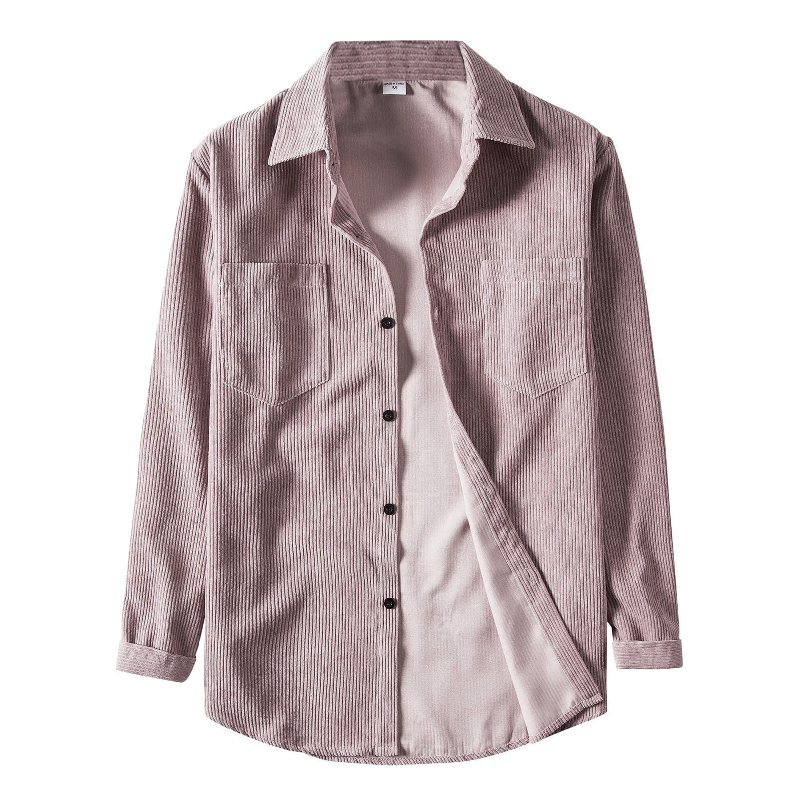 CLZOUD Outdoor Work Shirts for Men Pink Cotton Men S Casual Solid Corduroy Shirt Long Sleeve Pocket Turn-Down Collar Top Xxl