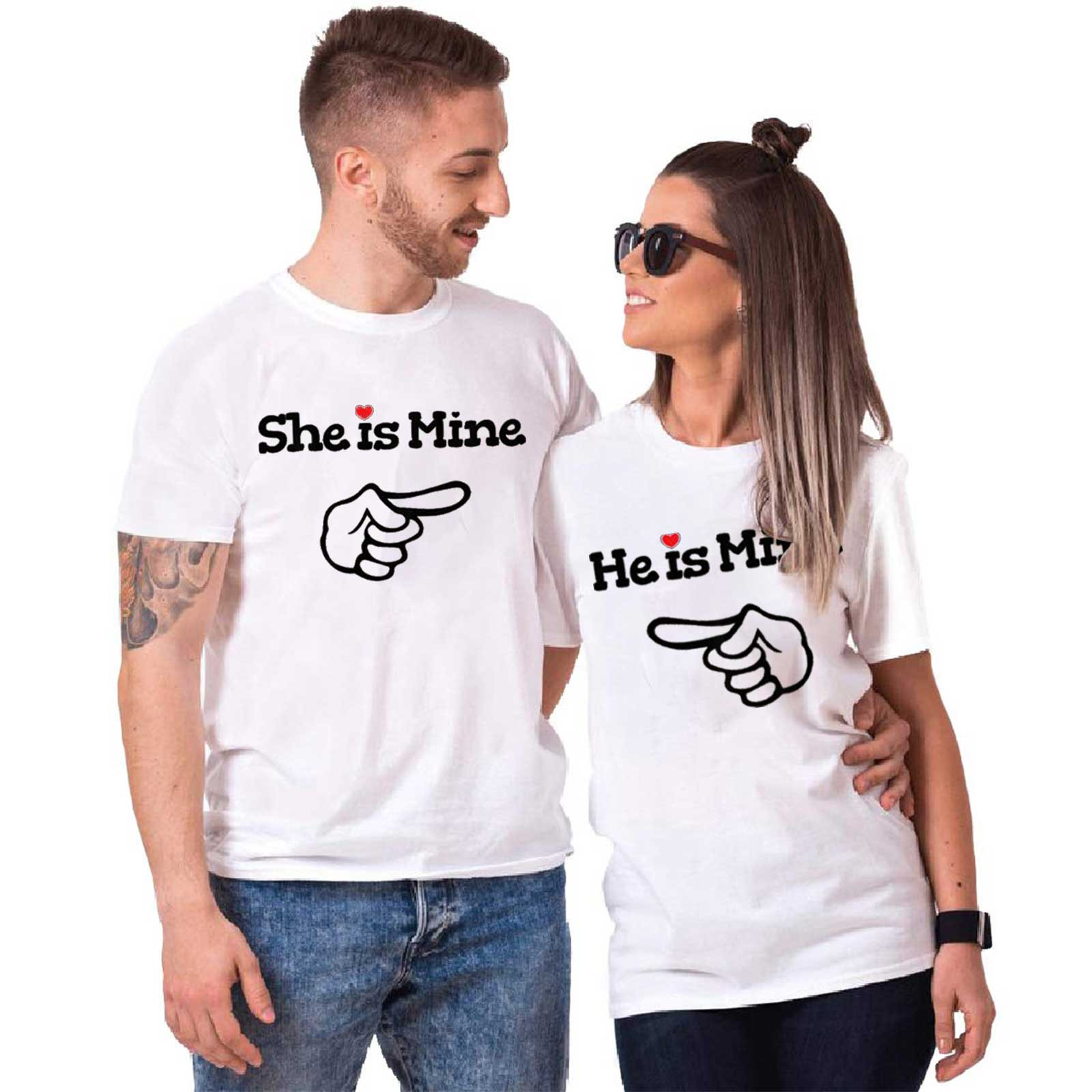 ZCFZJW Valentine S Day Romantic Matching T-Shirts for Women Men She/He Is Mine Graphic Short Sleeve Round Neck Him Her Couple Shirt White Men-L