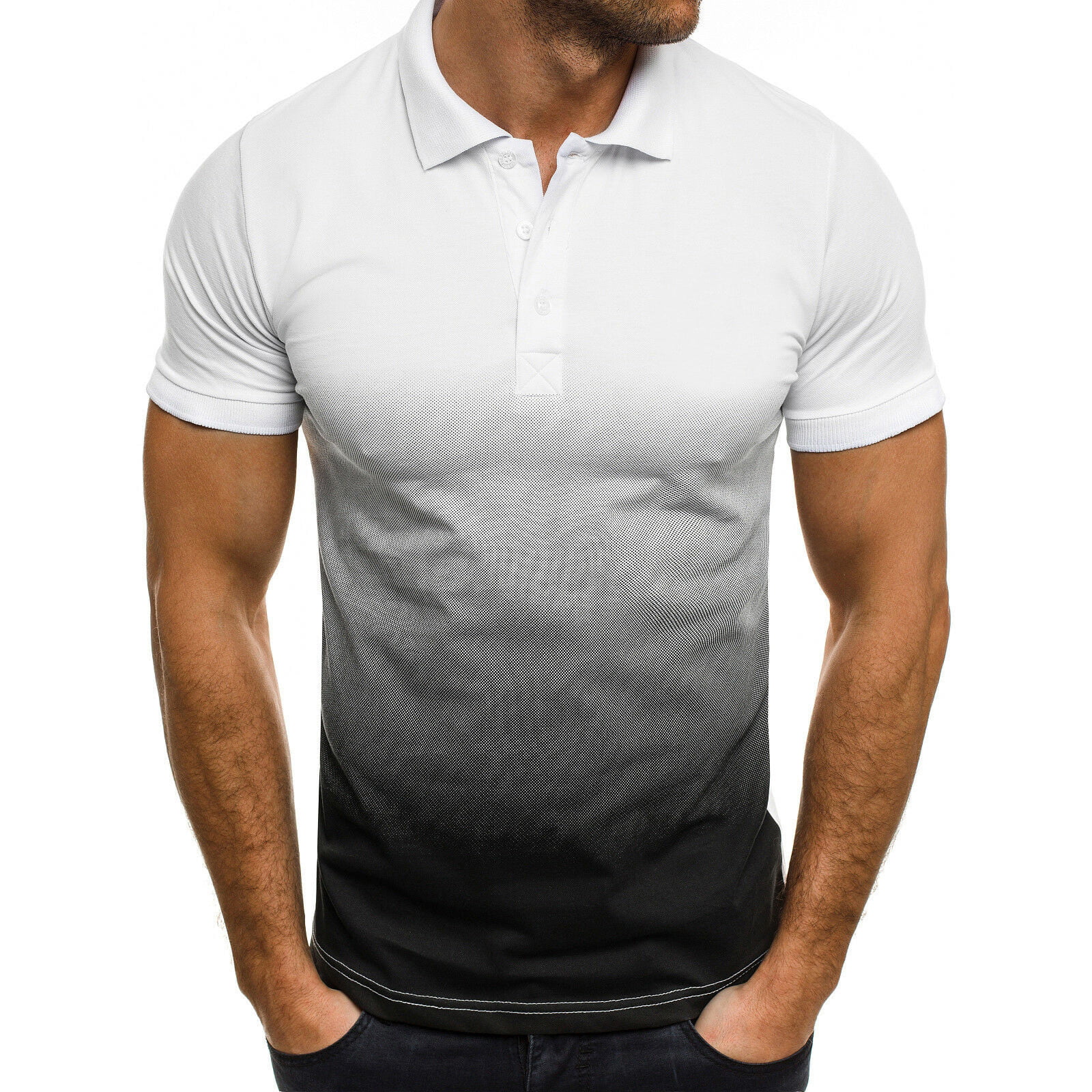 Miluxas Graphic Tees Clearance Men S Casual Sports T-shirt Lapel 3D Gradient Short-sleeved White 8(L)