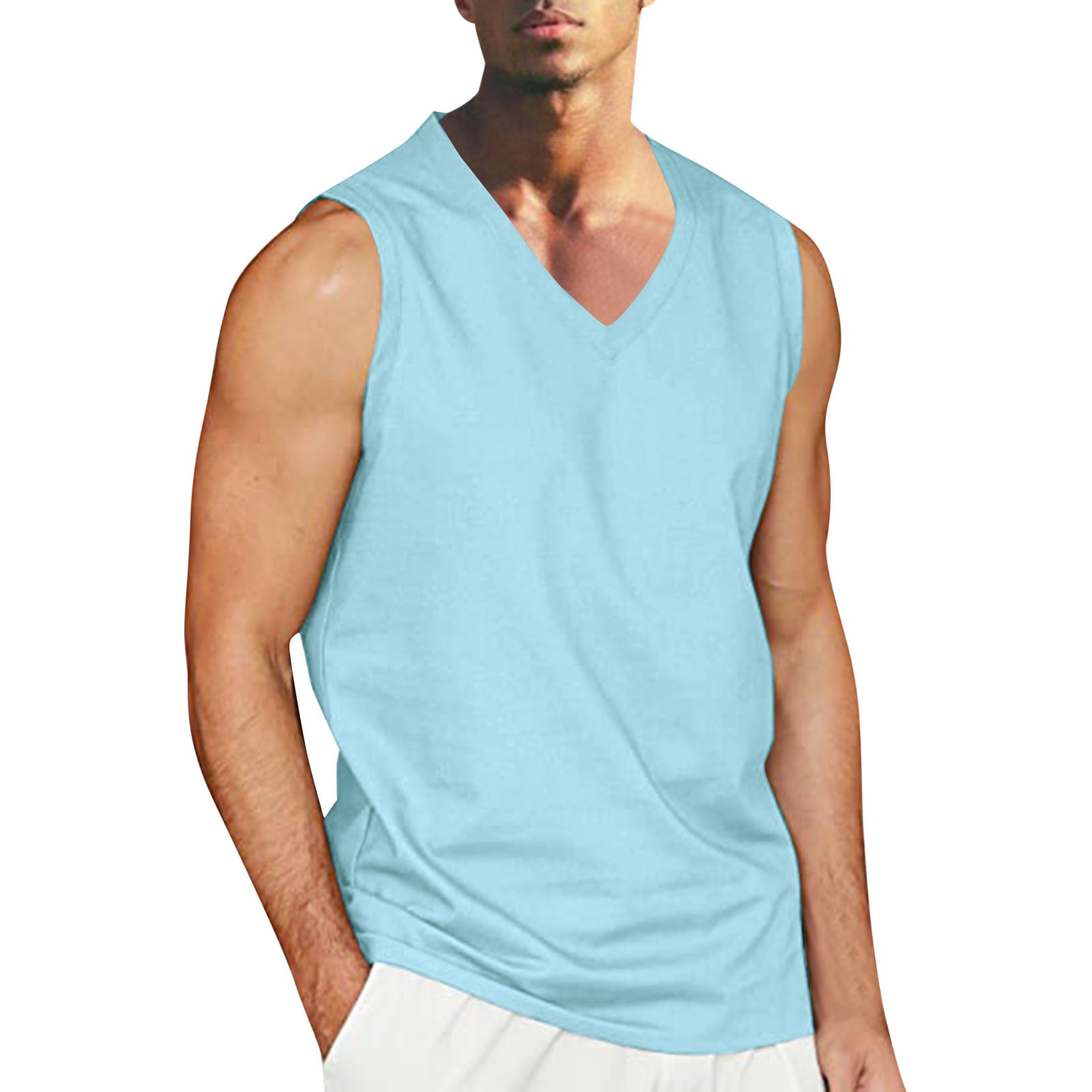 GWAABD Mens Sleeveless Shirt Mens Summer Beach Beach Simple Classic Solid Color V Neck Cotton and Sleeveless Shirt T Shirt Vest