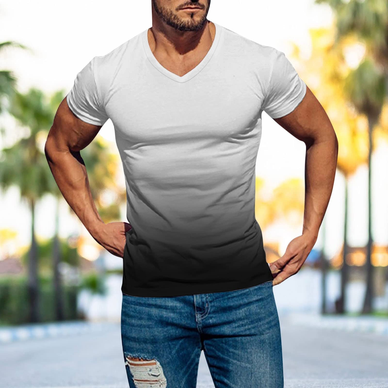 TKing Fashion Mens Shirts T Shirts Casual Short Sleeve Shirts Gradient Neck Soft Loose Fit Graphic Tees Summer Tshirts for Men Shirts for Men(White L)