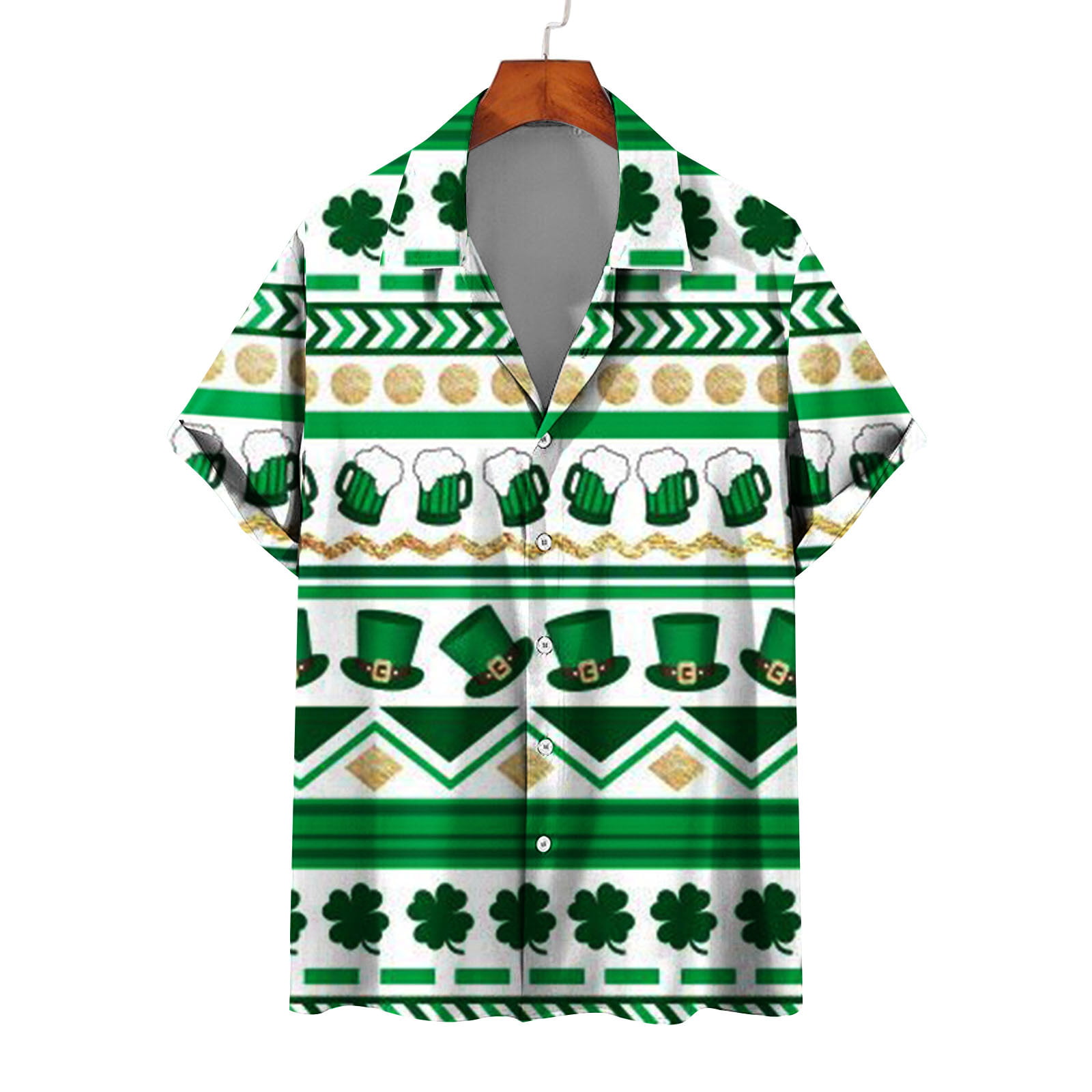 ZCFZJW Men Casual T-Shirts St. Patrick S Day Green Clover Graphic Short Sleeve Button Down Tshirt Top Trendy Summer Comfy Basic Hawaiian Shirt White L