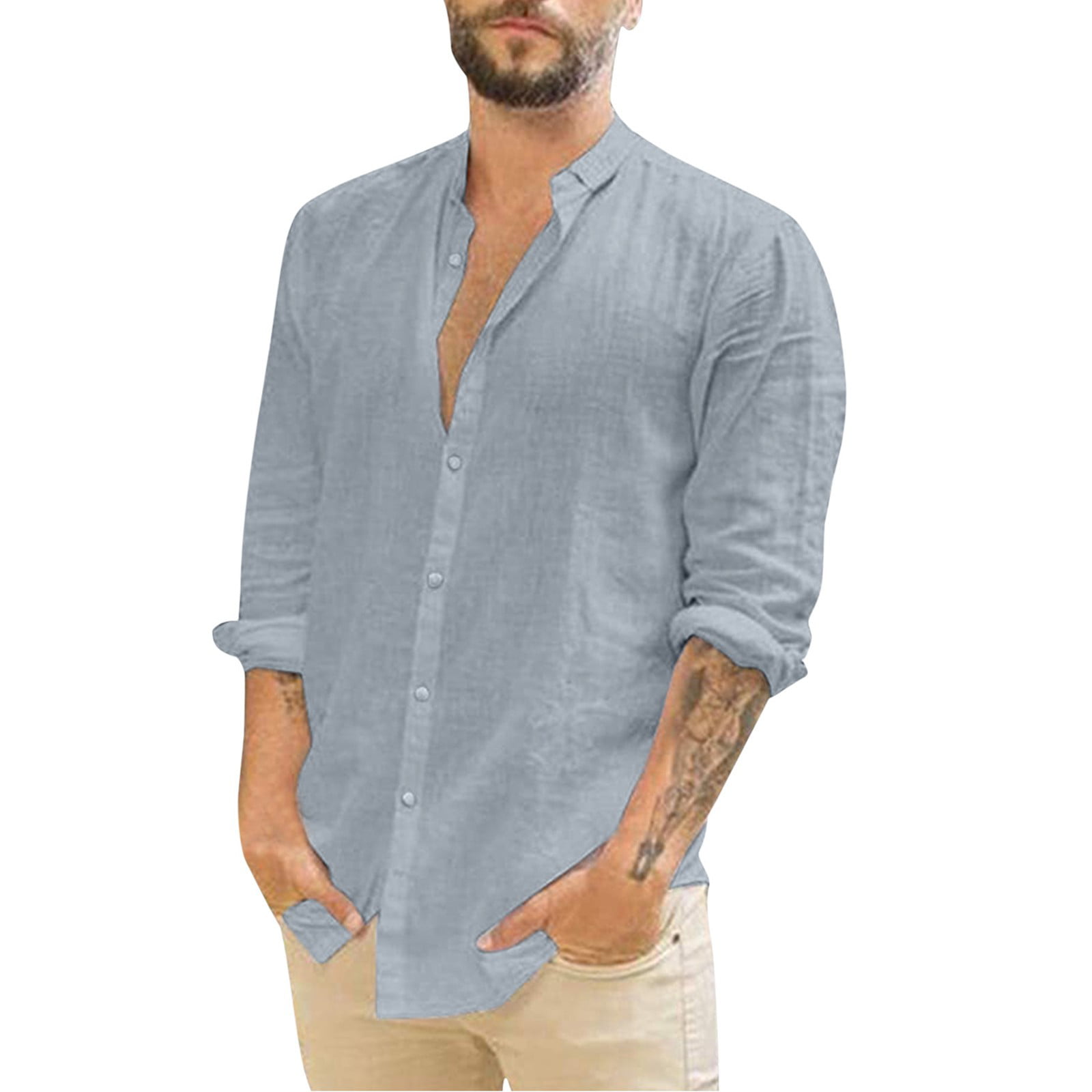 CLZOUD Young Mens Shirts Grey Cotton Men S Casual Solid Shirt Long Sleeve Button Turn-Down Collar Tops Shirt M