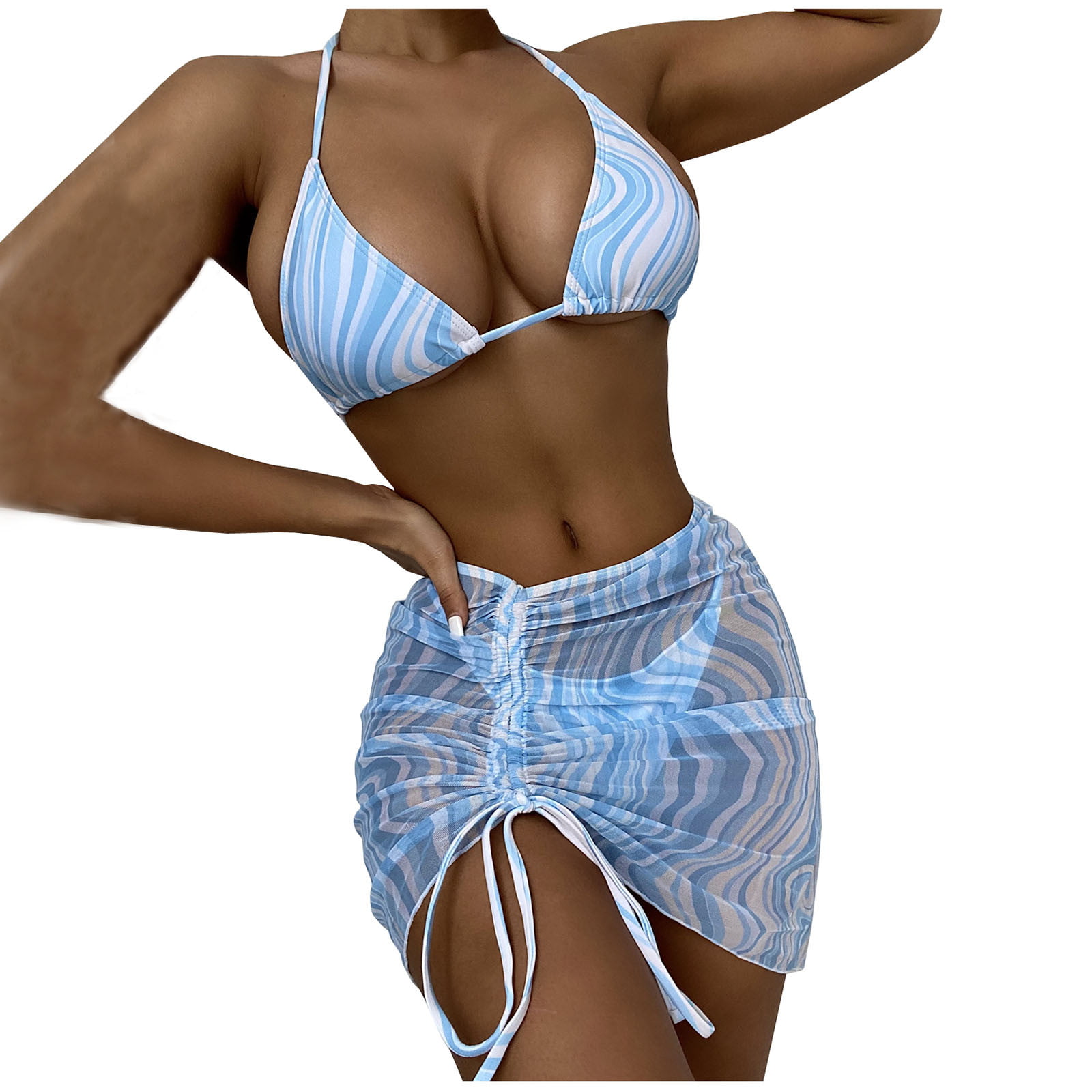 Bigersell Padded Bathing Suit Women Fashion Drawstring Wavy Smocked Bikini Three Piece Set Swimsuit Swimwear Tall Padded Bikini Sets  Style 5796  Blue