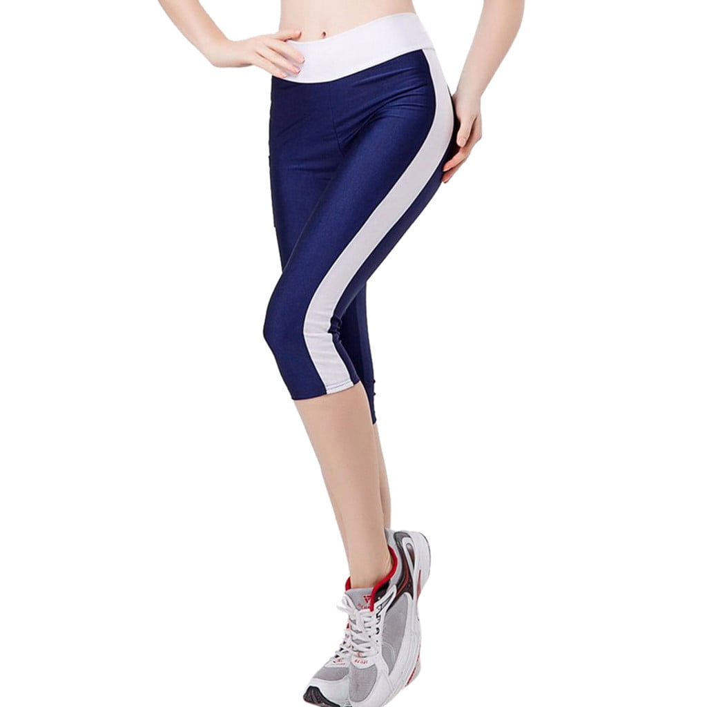 CLZOUD Yoga Sweatpants Navy Polyester Women S High Waist Tummy Control Yoga Workout Capris Leggings Side Pockets