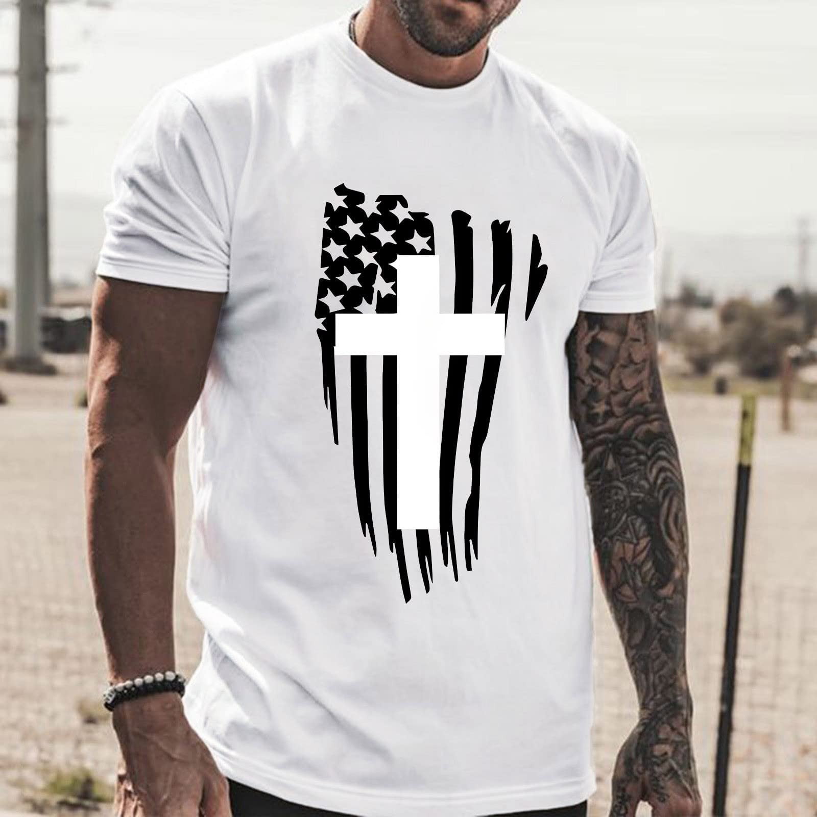 KUNPENG Mens Independence Day T-Shirts  Men S USA Flag Graphic T-Shirts Short Sleeve American Patriotic Vintage T Shirt Womens Tops White L