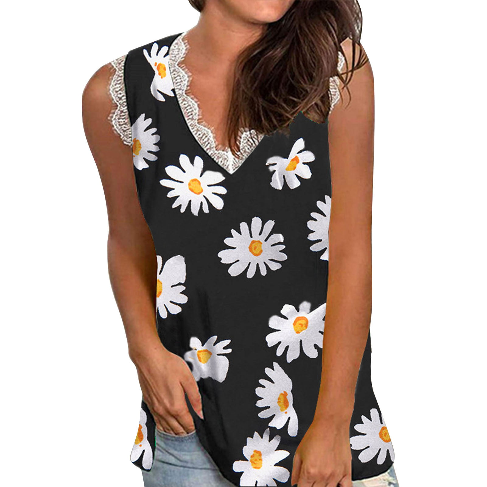 CLZOUD Summer Cute Tops White Women S Sleeveless Summer Flowy Loose Blouse Basic T ShirtsV Neck Flower Printing Tee Face Tank Tops M