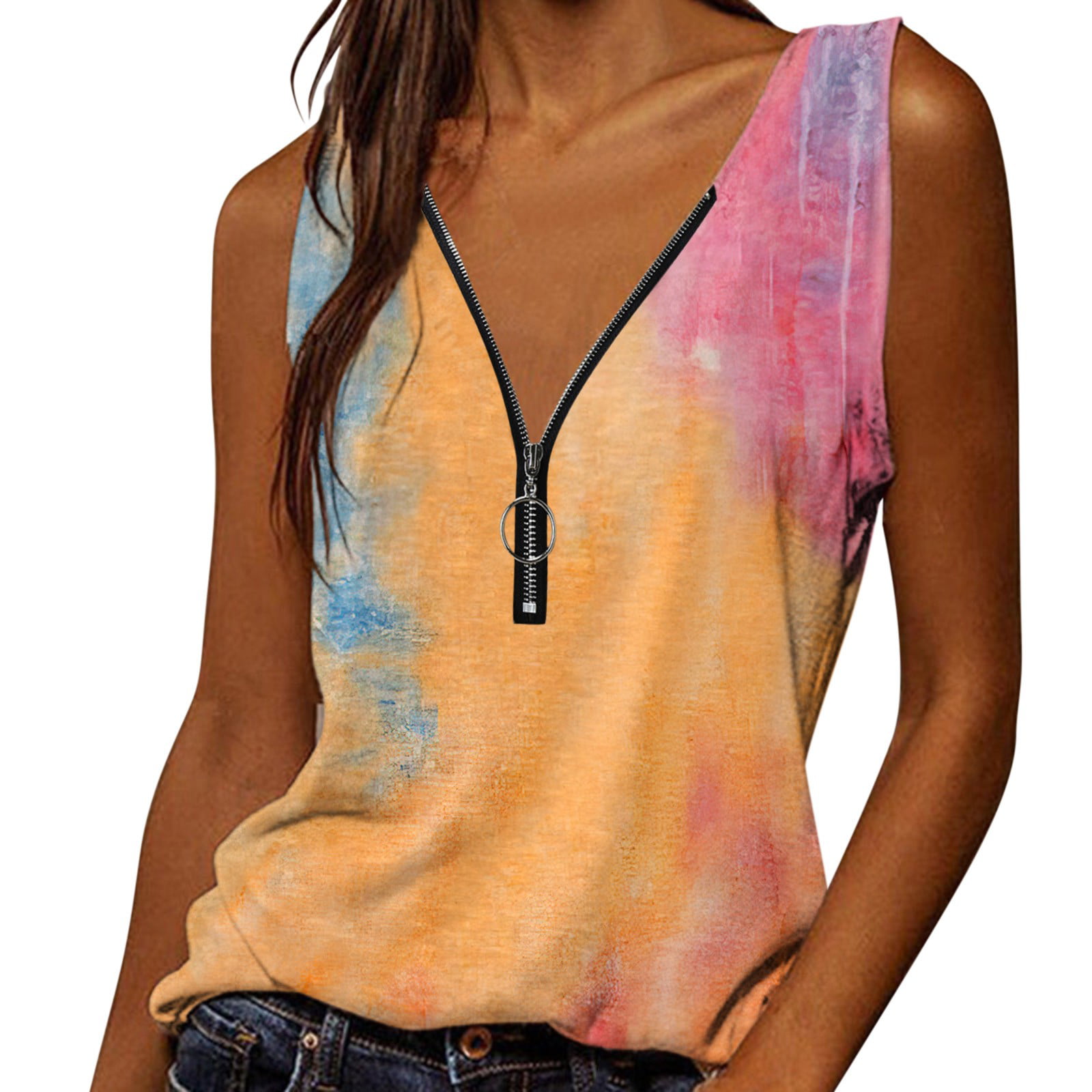 GWAABD Casual Summer Sleeveless Tank Tops Women Casual Tank Top Multicolor Print V Neck Zipper Elegant Top Sleeveless Splice Vests Shirt Top
