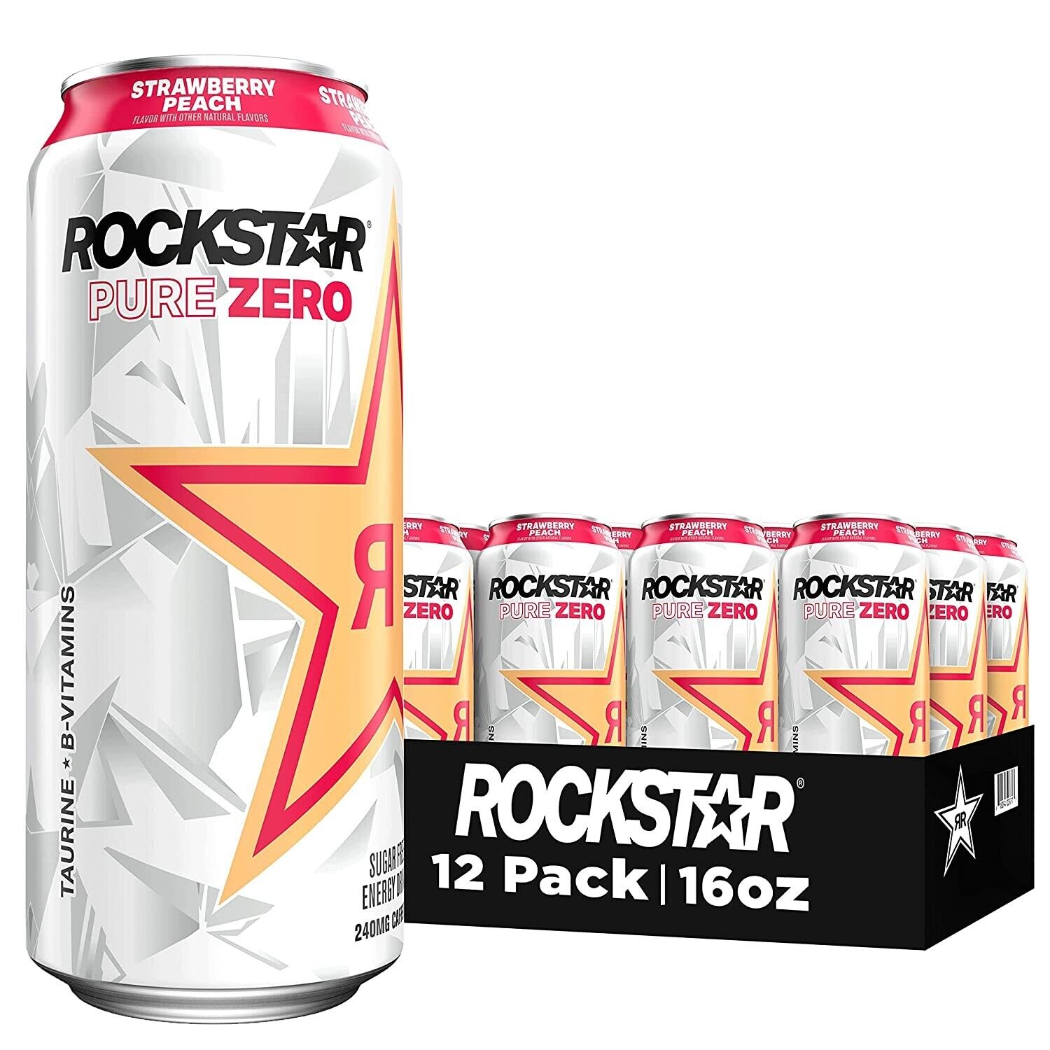 Rockstar Pure Zero Sugar Free Energy Drink Strawberry Peach 16 Fl Oz Can