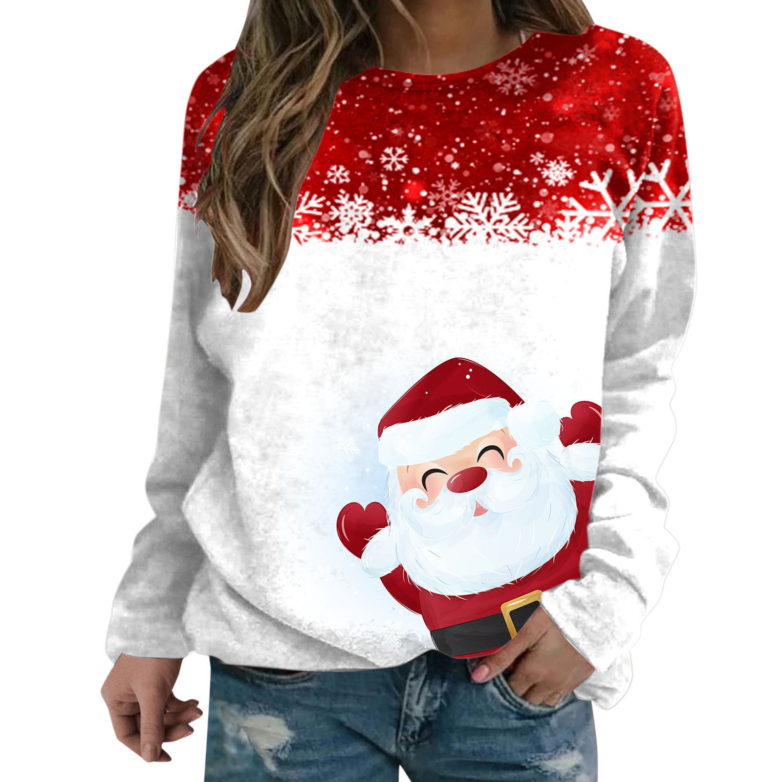 GWAABD Womens Vintage Oversized Long Tunic Sweatshirts Women Autumn and Winter Santa Print Loose Casual Casual Long Sleeve Round Neck Sweatershirt