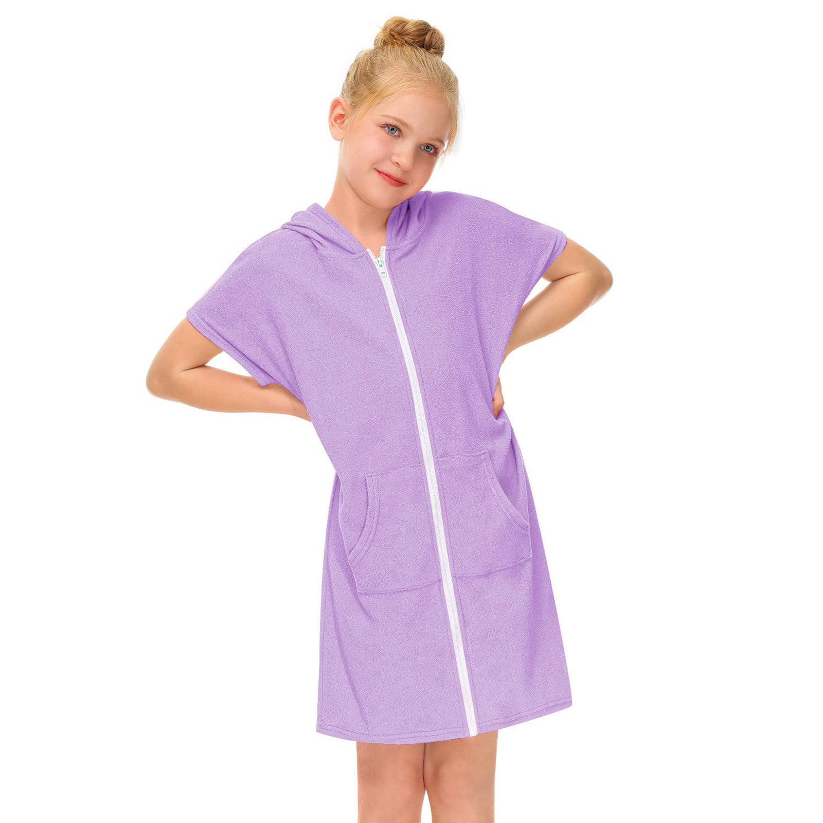 GWAABD Girls Dressy Dresses Purple Cotton Kid S Zip up Terrys Hooded Coverups Swim Beach Cover up Cotton Summer Short Sleeve Bathing Suit Bathrobe wit