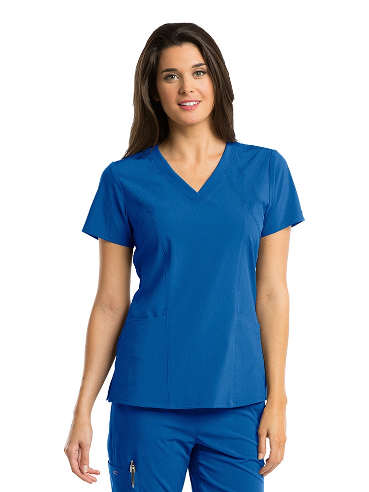 Barco One 5105 Racer 4-Pocket Womens V Neck Short Sleeve Tag Free Stretch Fabric Moisture Wicking Scrub Top, Large, Blue