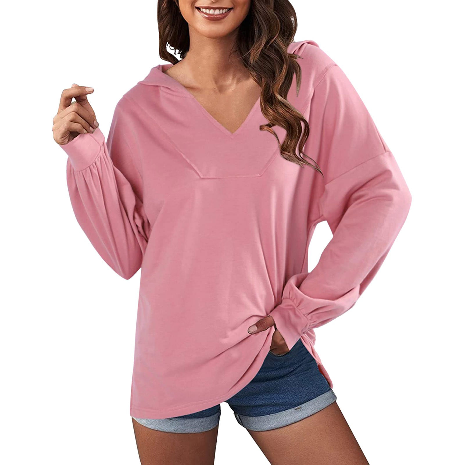 GWAABD Long Sleeve Shirt for Women Women V Neck Hooded Casual Long Sleeve Sports Hem Side Slit Pullover Top