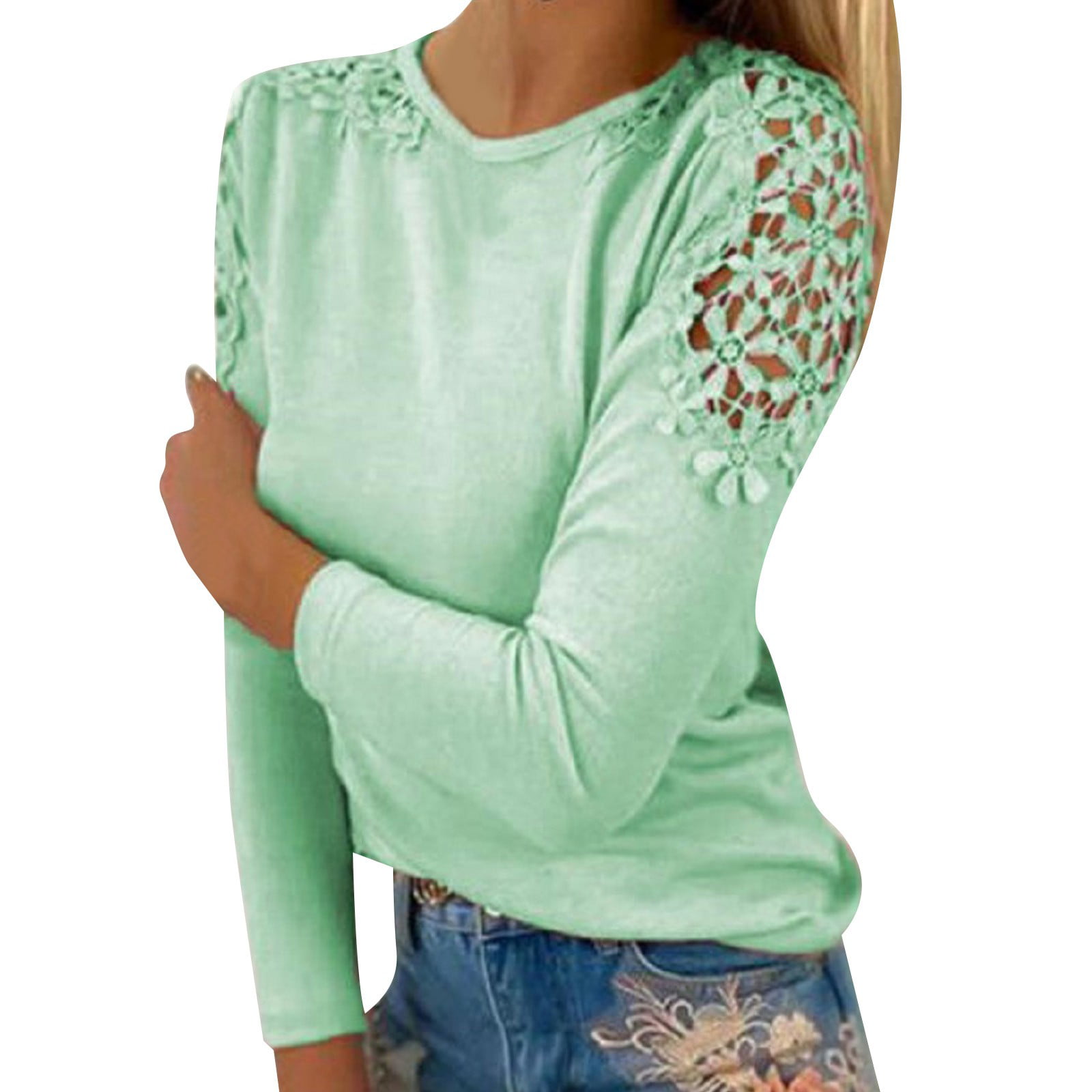 GWAABD Outfits for Women Women S Round Neck Solid Color Hollow Stitching Long Sleeved T Shirt