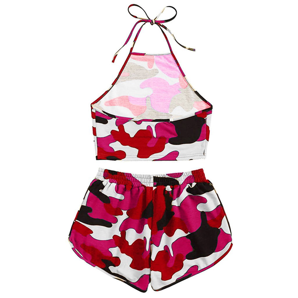 CLZOUD Cute Tank Top for Women Pack Pink Cotton Summer Women S Fashion Sleeveless Strappy Short Print Top and Pants Suit Xl