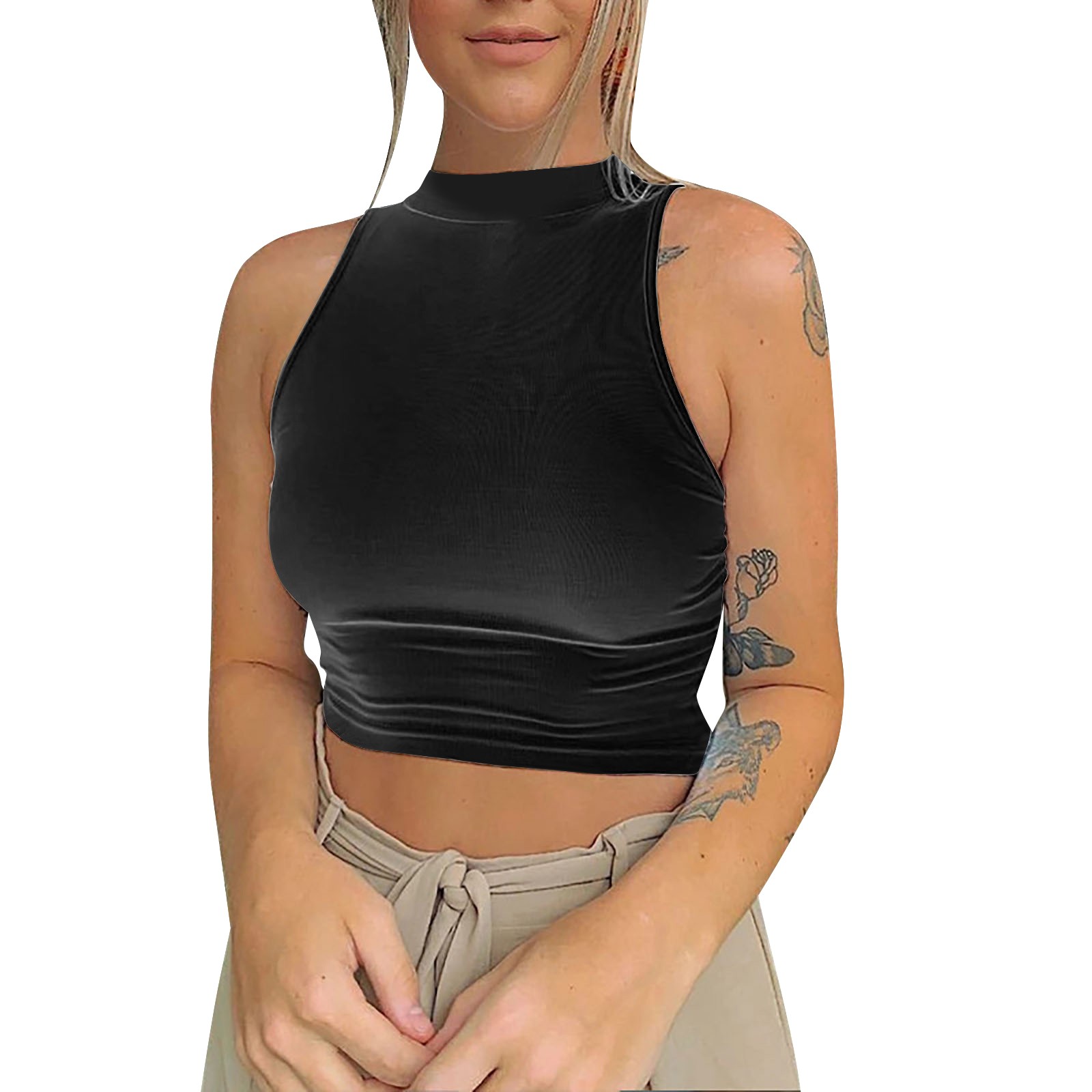 GWAABD Women S Workout Tank Tops Women S Slim Short Sleeveless T Shirt Yoga Sports Navelless Half High Neck Vest
