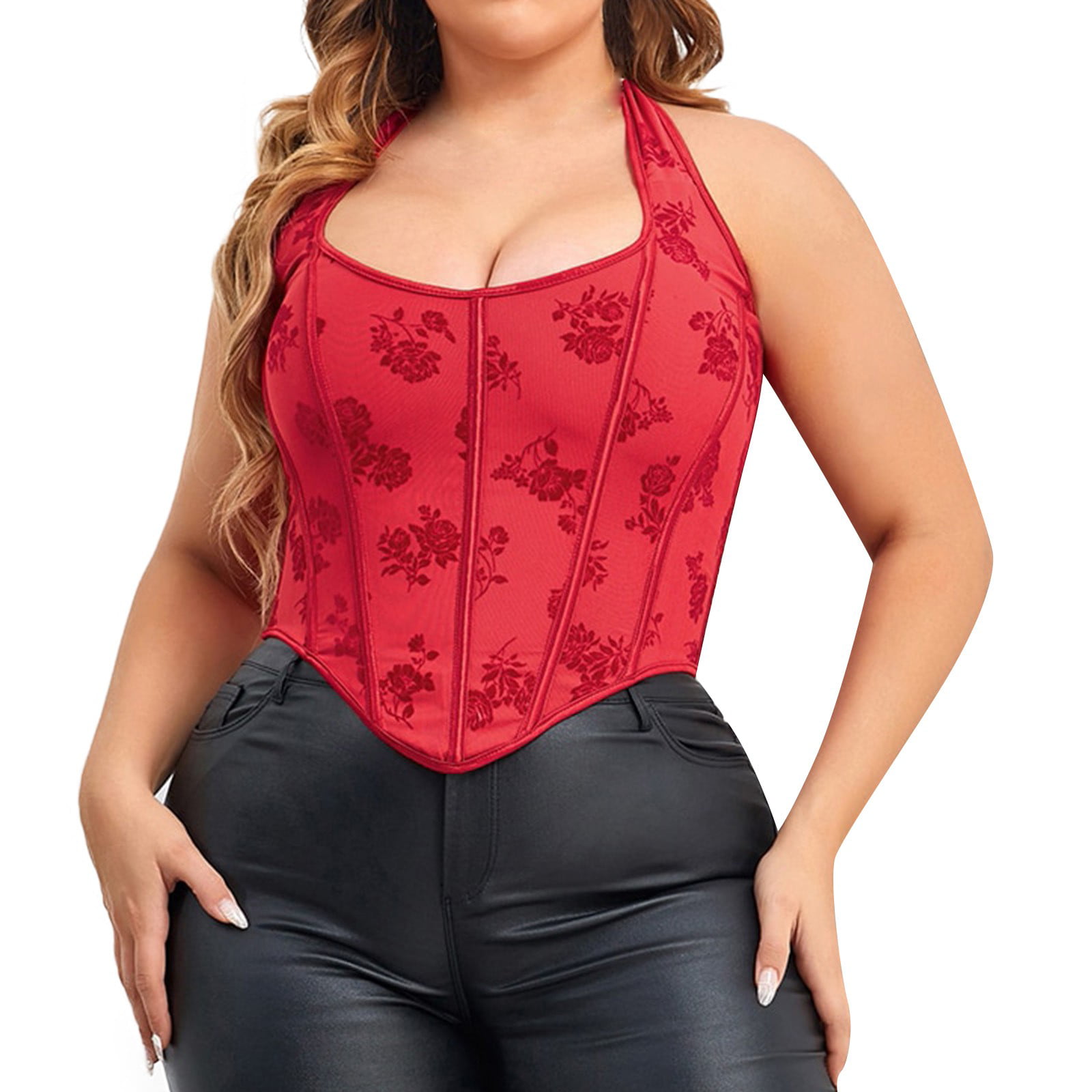 CLZOUD Cropped Muscle Tank for Women Watermelon Red Bustier Corset Top Tight Fitting Corset Tank Top Suspender Top Solid Short Fashion Xxxl