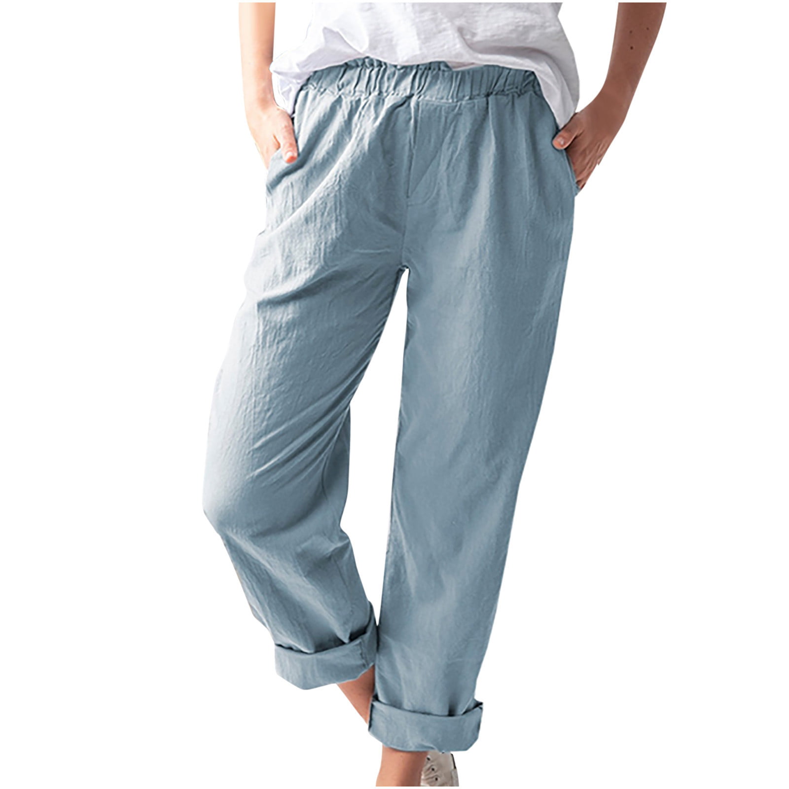 YANHAIGONG Women Pants Summer Shorts Pants for Women 2564 Women Casual Solid Color Pockets Elastic Waist Comfortable Straight Pants