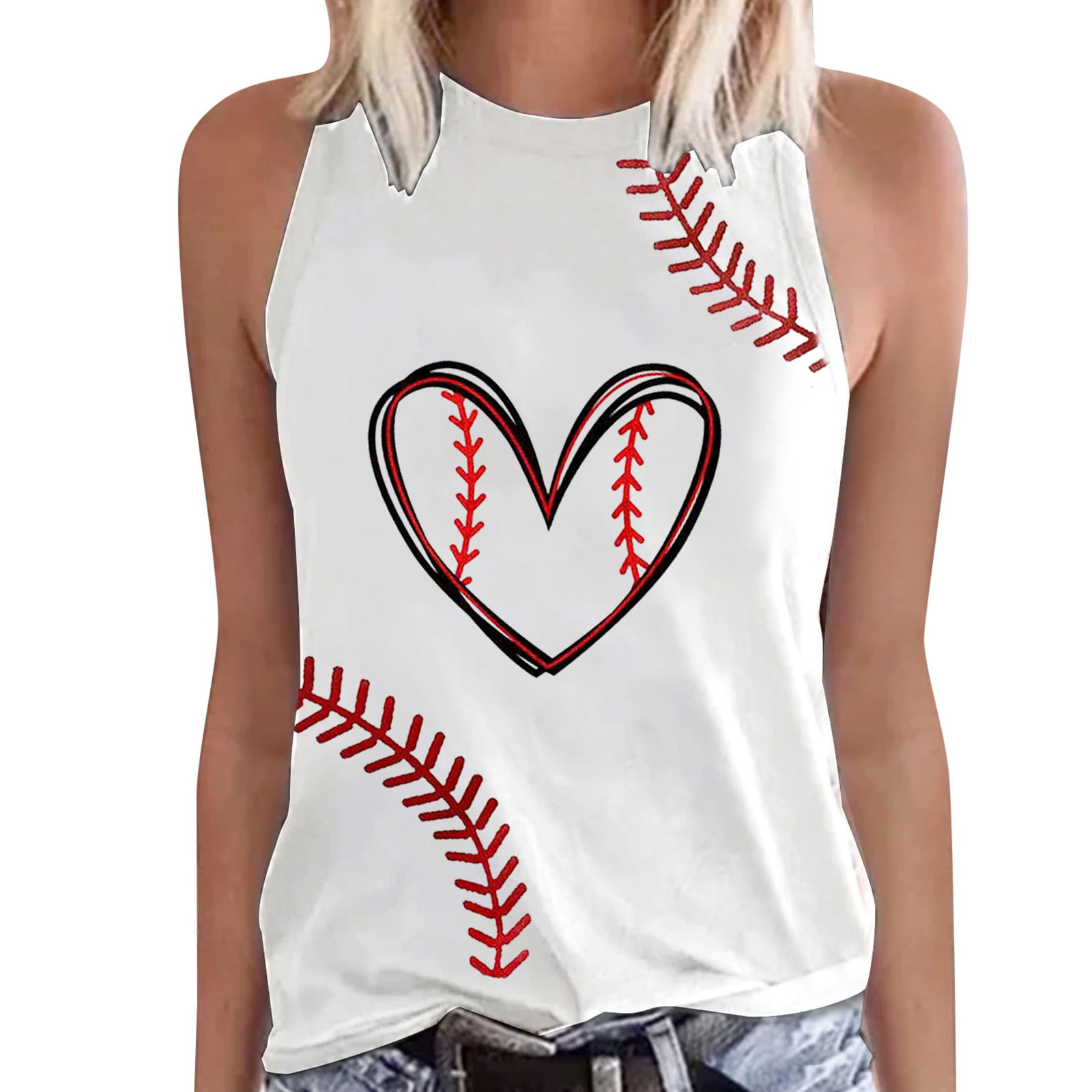 CLZOUD Women Camis Summer White Womens Summer Casual Baseball Print Tank Top Sleeveless Round Neck Vest Top