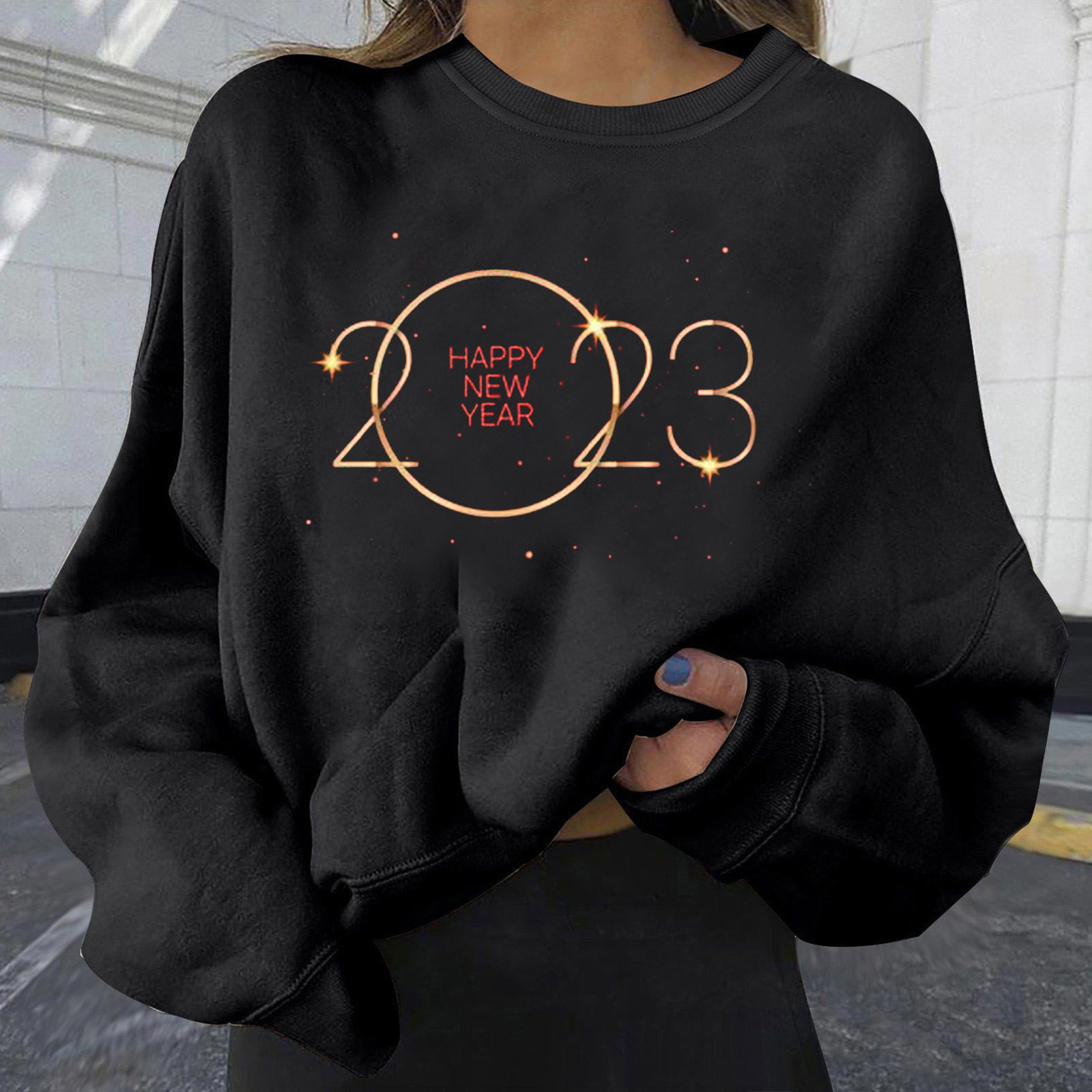 Binmer Women Sweatshirt Round Neck Fashion Large Size American 2292 New Year Loose Print Sweatshirt Hoodless Sweatshirt