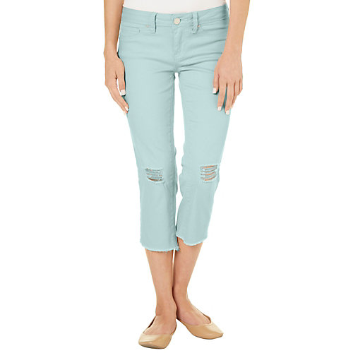 Ymi Juniors Solid Destructed Denim Capris-7,mint Green