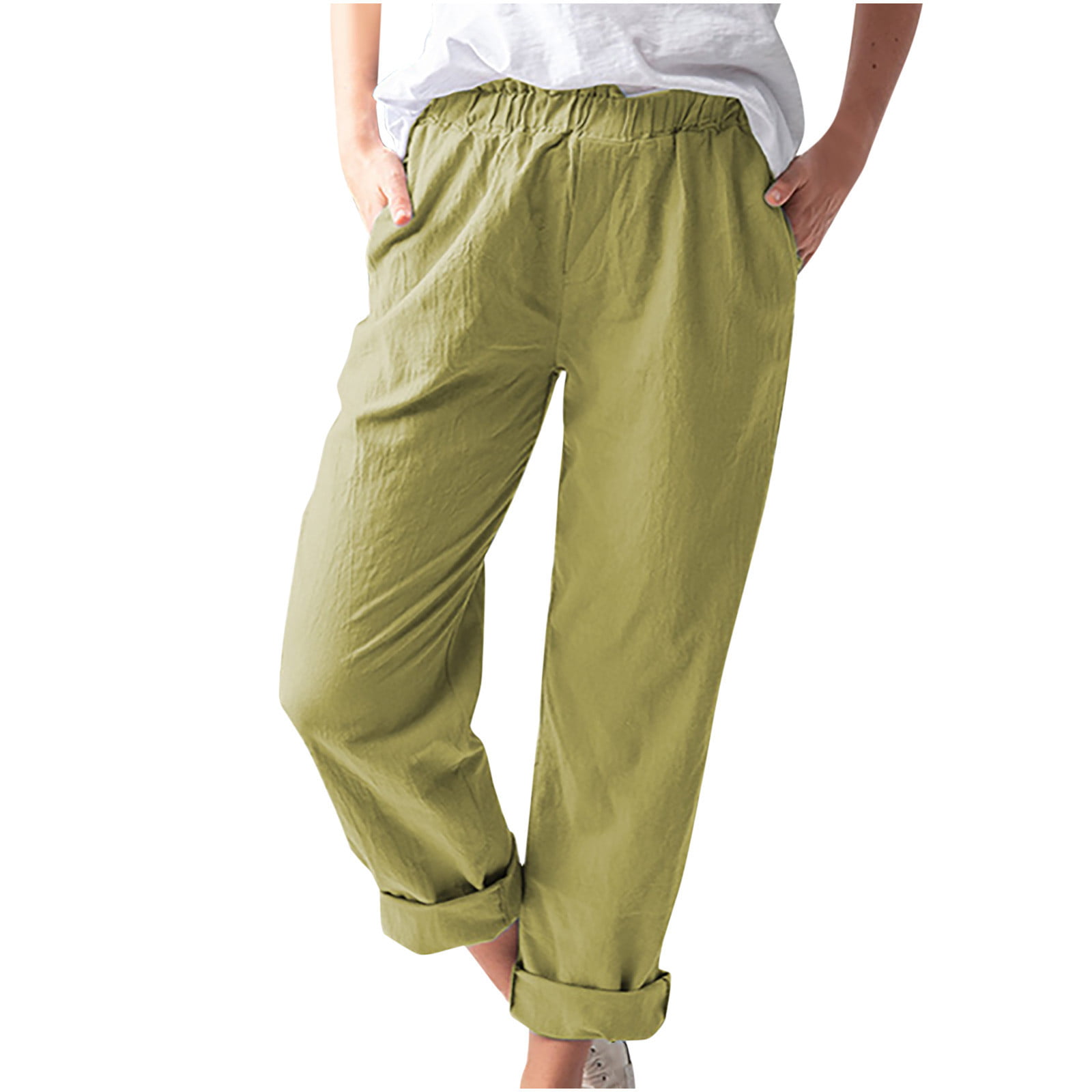 YANHAIGONG Women Pants Summer Shorts Pants for Women 2564 Women Casual Solid Color Pockets Elastic Waist Comfortable Straight Pants