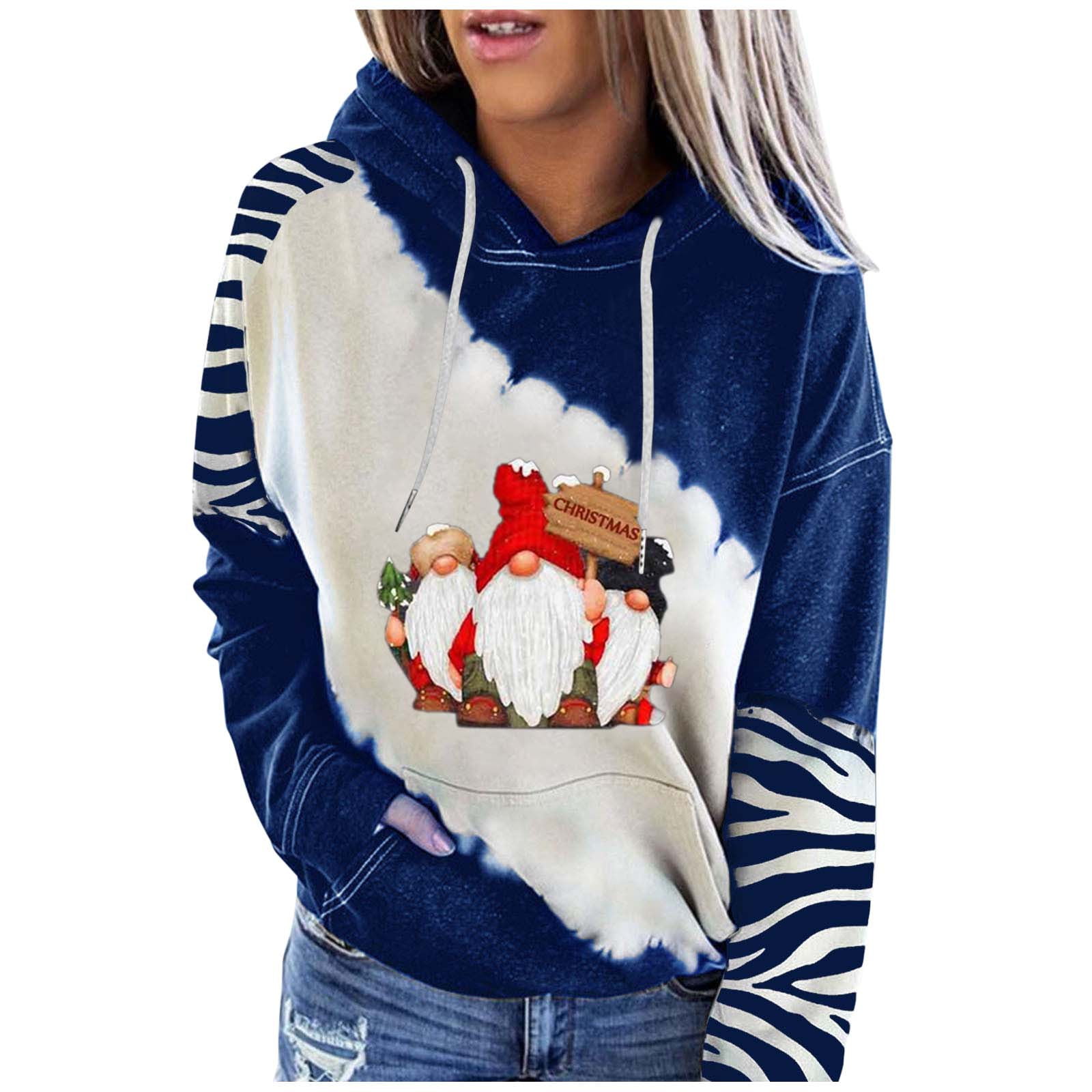 GWAABD Tunic Tops Long Sleeve Women Christmas Contrast Splice Long Sleeve Hoodie Print Sweatshirt Strap Blouse