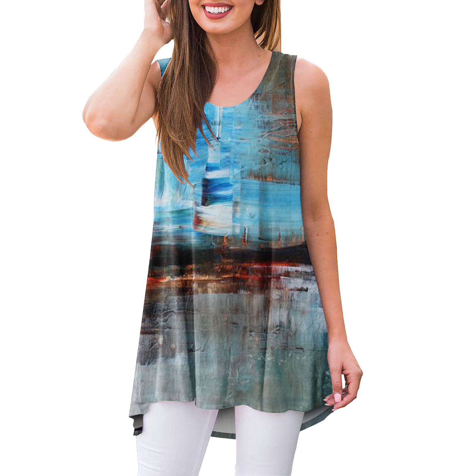 GWAABD Square Neck Tops for Women Built in Bra Womens Sleeveless Solid Color Round Neck Tie Dye Printed Vest Top Vest Suspenders