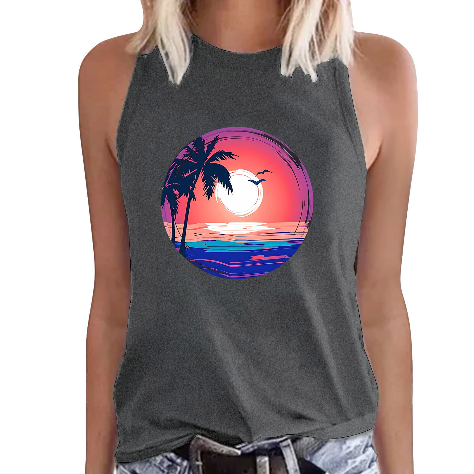 CLZOUD Loose Workout Tank Tops for Women Dark Gray Women Casual Coconut Tree Printing Short Sleeves Crew Neck Loose TShirt Blouse Tops L