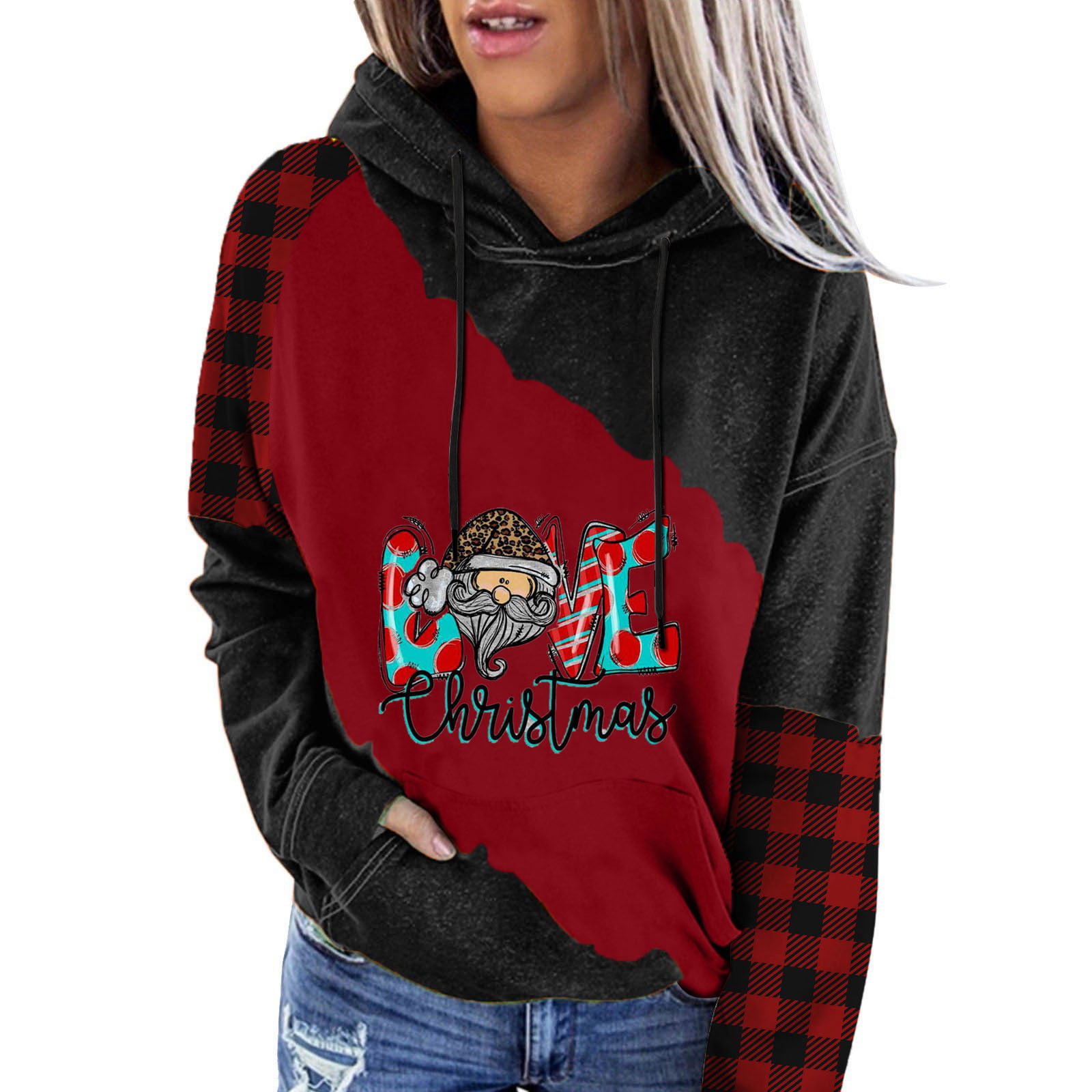 GWAABD Women Sbaggy Dressleeve Ladies Cute Santa Print Patchwork Hooded Plaid Long Sleeve Sweatshirt
