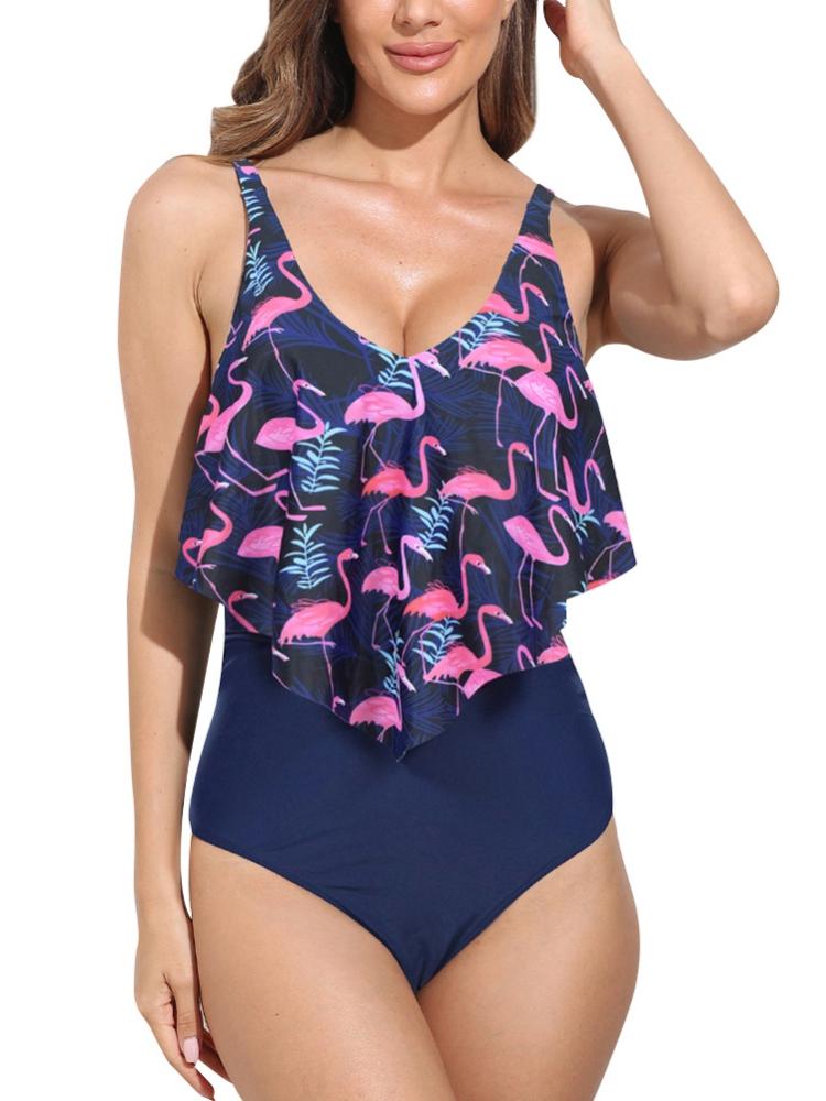 Womens One Piece Bathing Suit Loose Fit Swimwear Ruffled Vintage Swimsuits  S-XXL