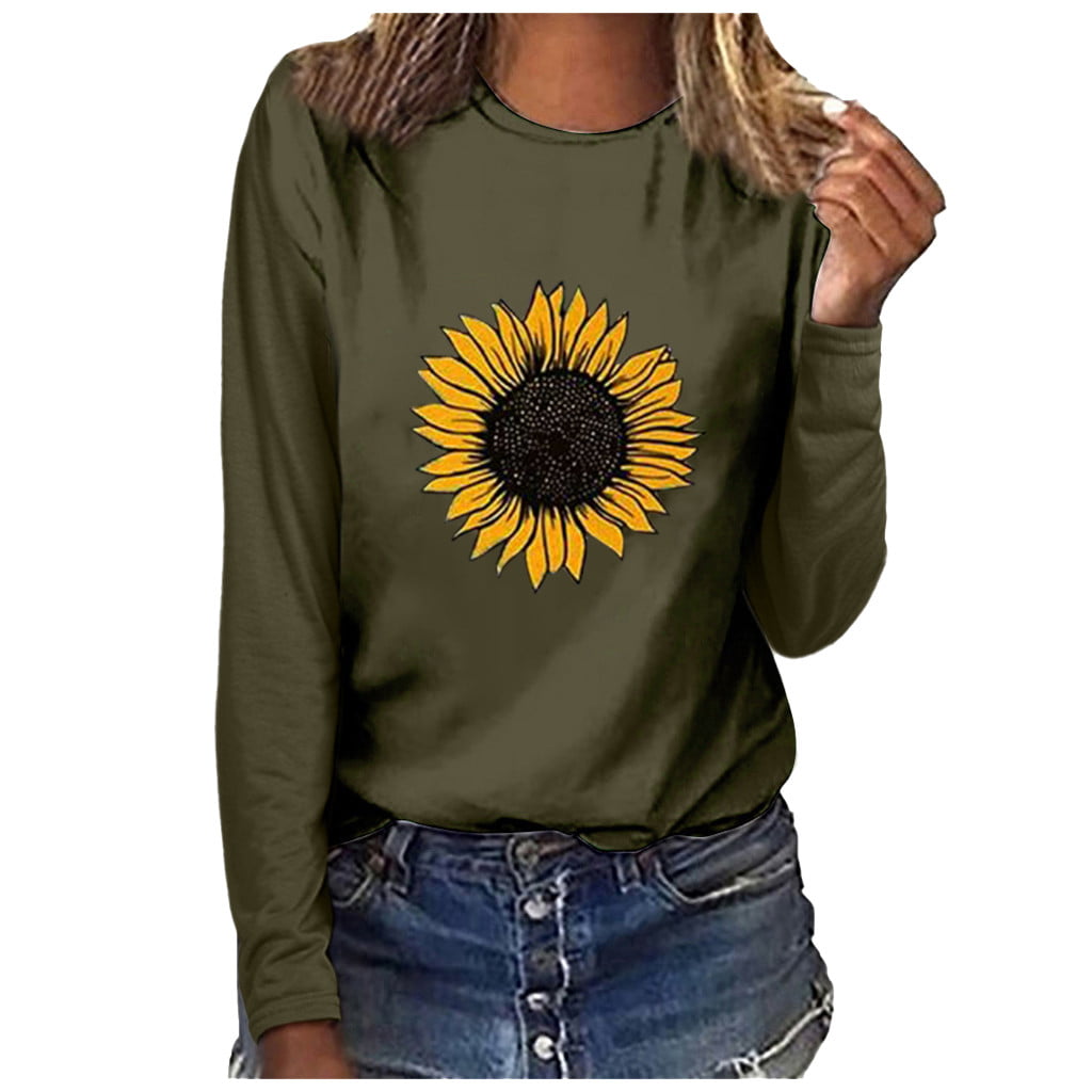 CLZOUD Women Summer Shirts Green Women Sunflower Print O-neck Long Sleeve Top Pullover Sweatshirt T-shirt Blouse M