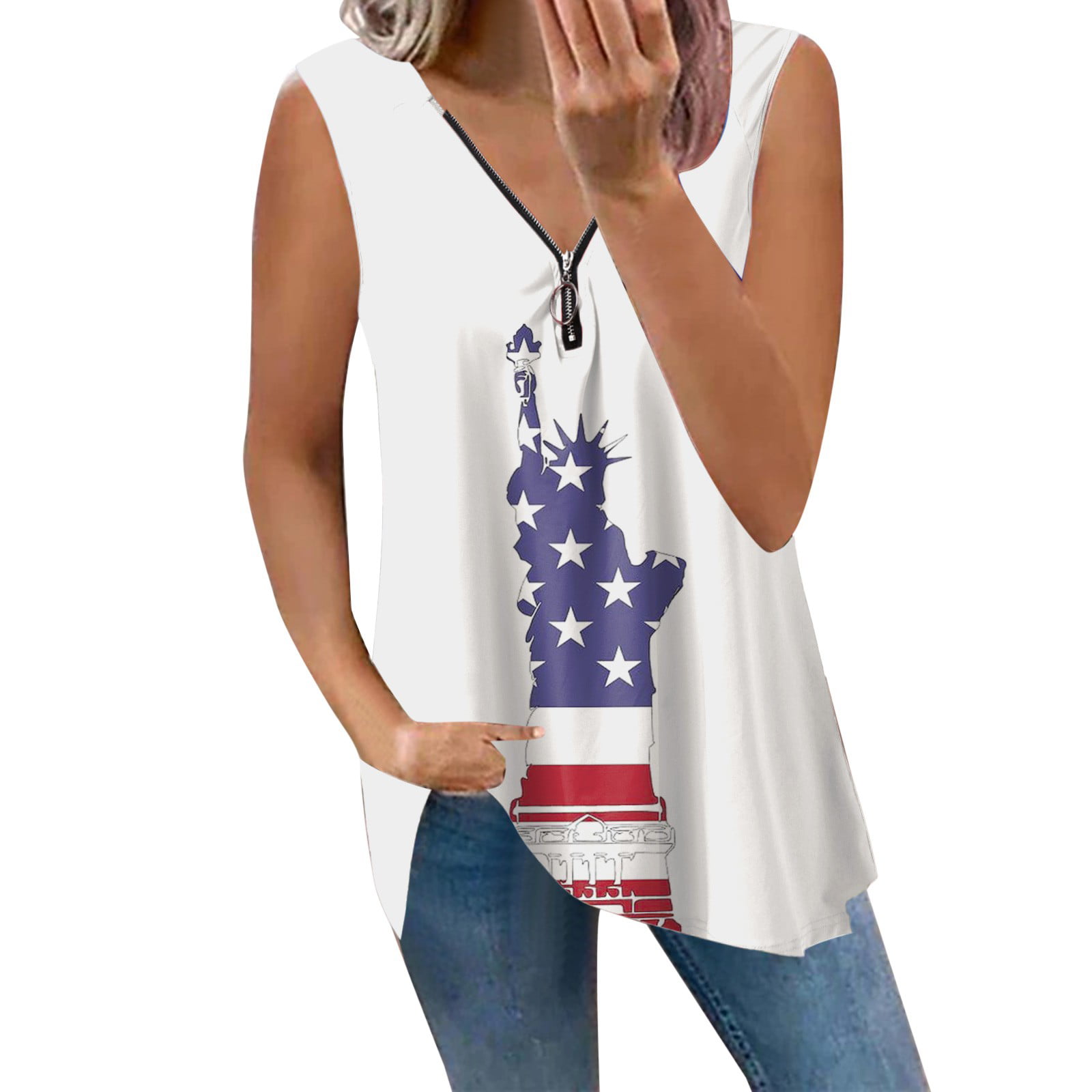 CLZOUD Women Blouses Casual White Ladies Fourth of July Printed Zipper Sleeveless Tshirt Xxxl