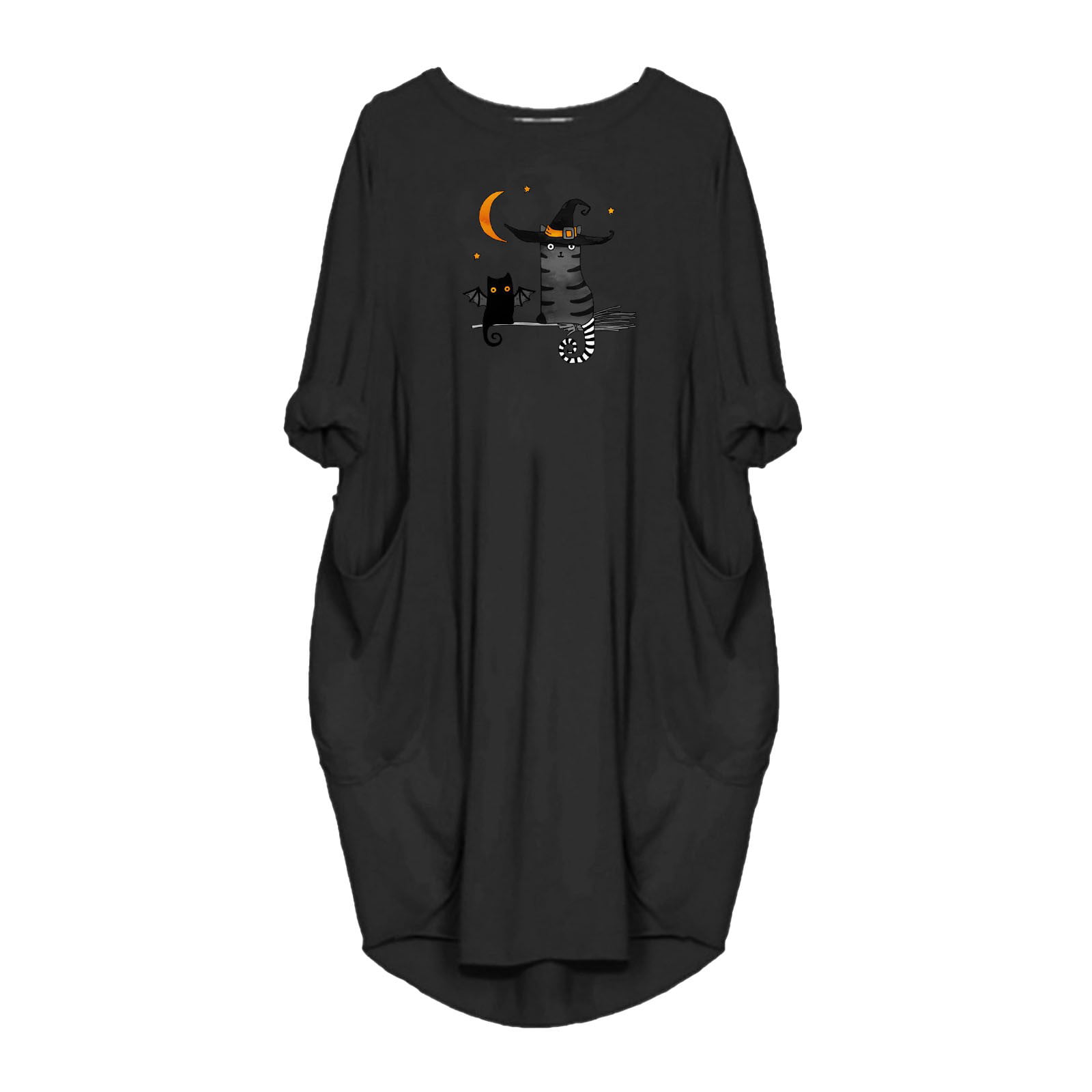 CLZOUD Cute Dresses for Women Black Women S Loose Dress Fun Print Crew Neck Two Pockets 3/4 Sleeve Dress Xxl