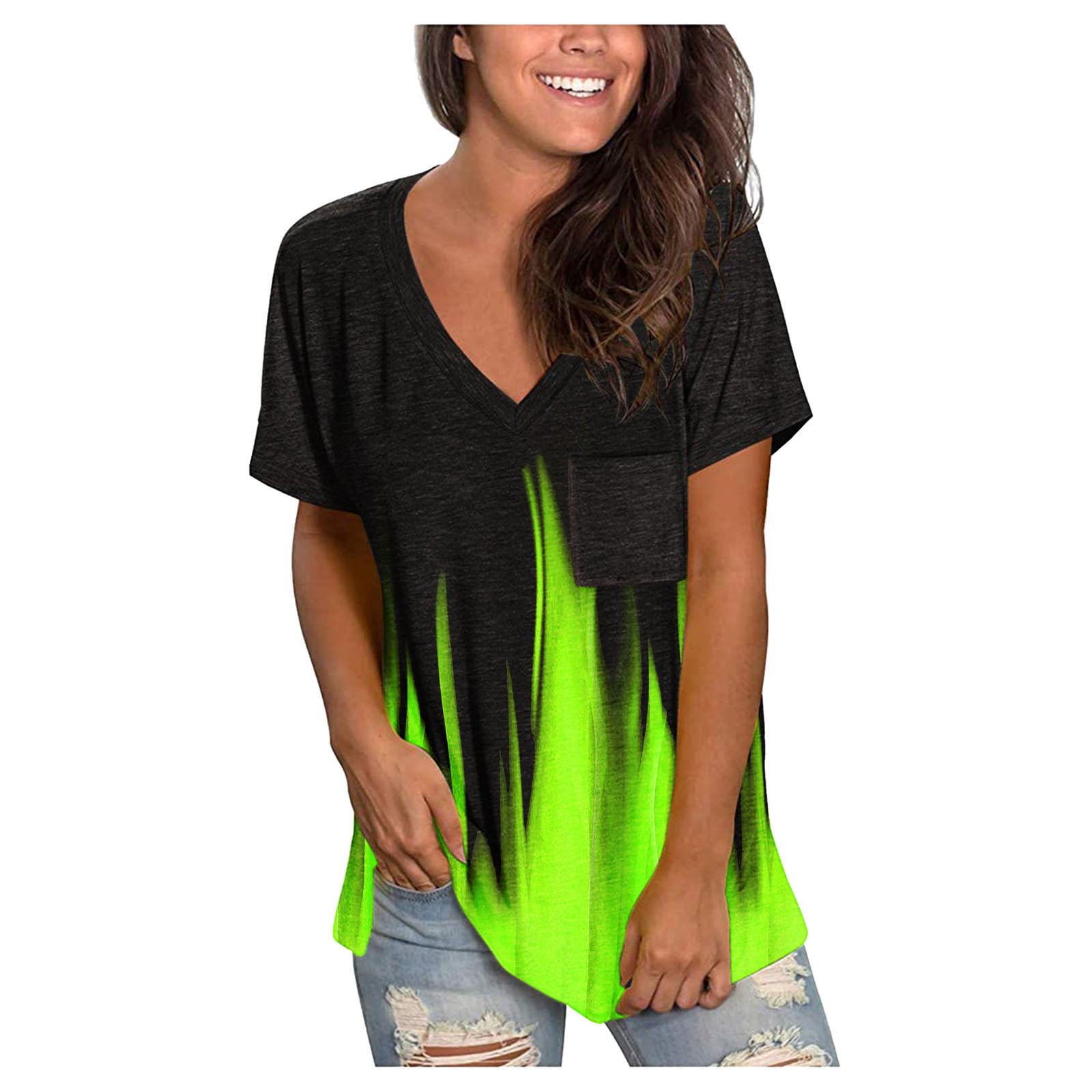 CLZOUD Casual Shirts Green Polyester Women S Short Sleeve V-Neck Print T Shirts Pocket Tunics Casual Tops Blouses L