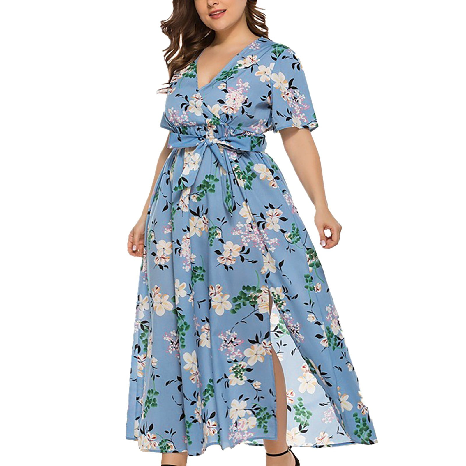 GWAABD Summer Womens Dresses Women S V Neck Plus Size Floral Short Sleeve Hem Slit Belted Dress