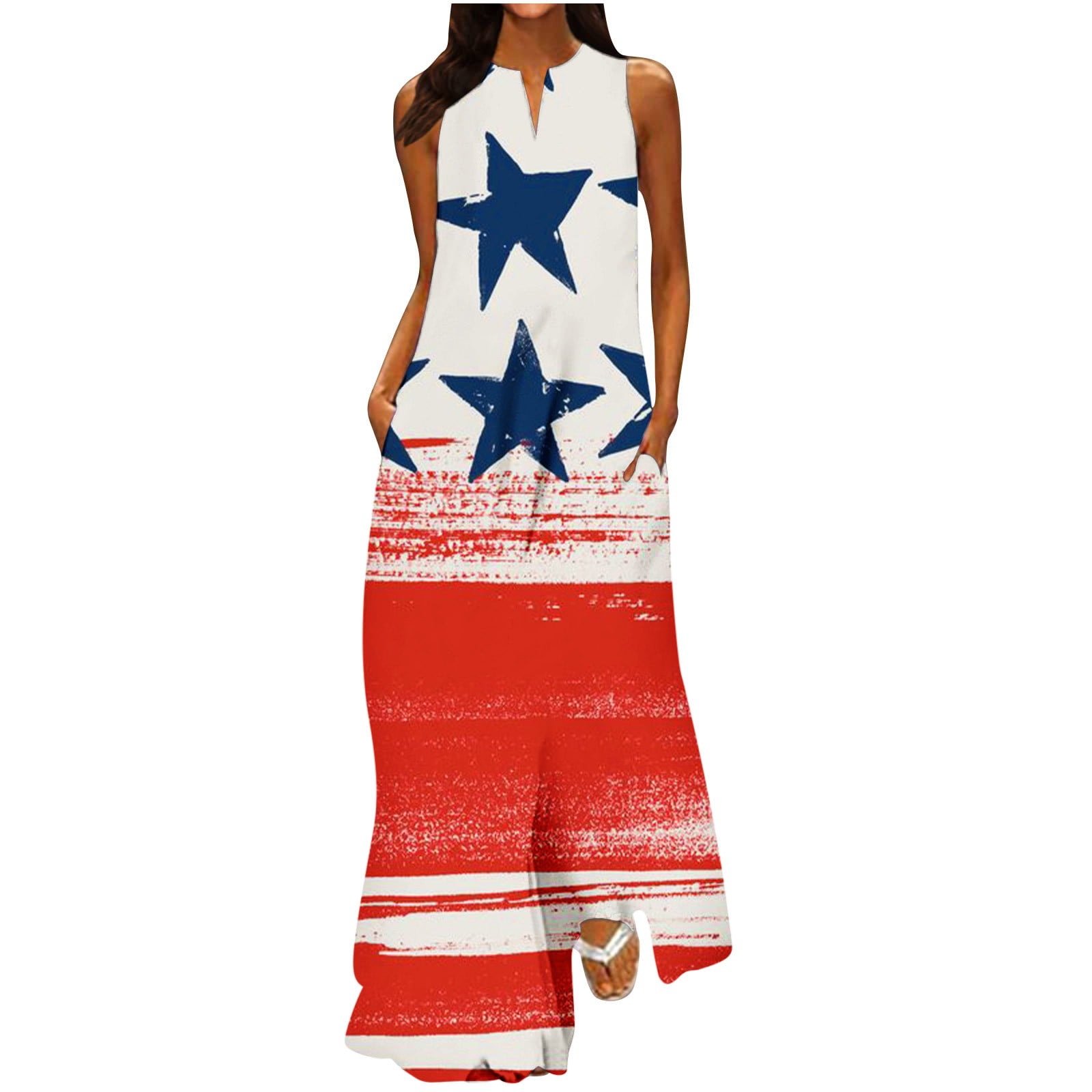 Guieoi Summer Dress Fashion Women Casual V-Neck Independence Day Printing Dresses Summer Sleeveless Pullover Dress Summer Dresses 5797 on Clearance