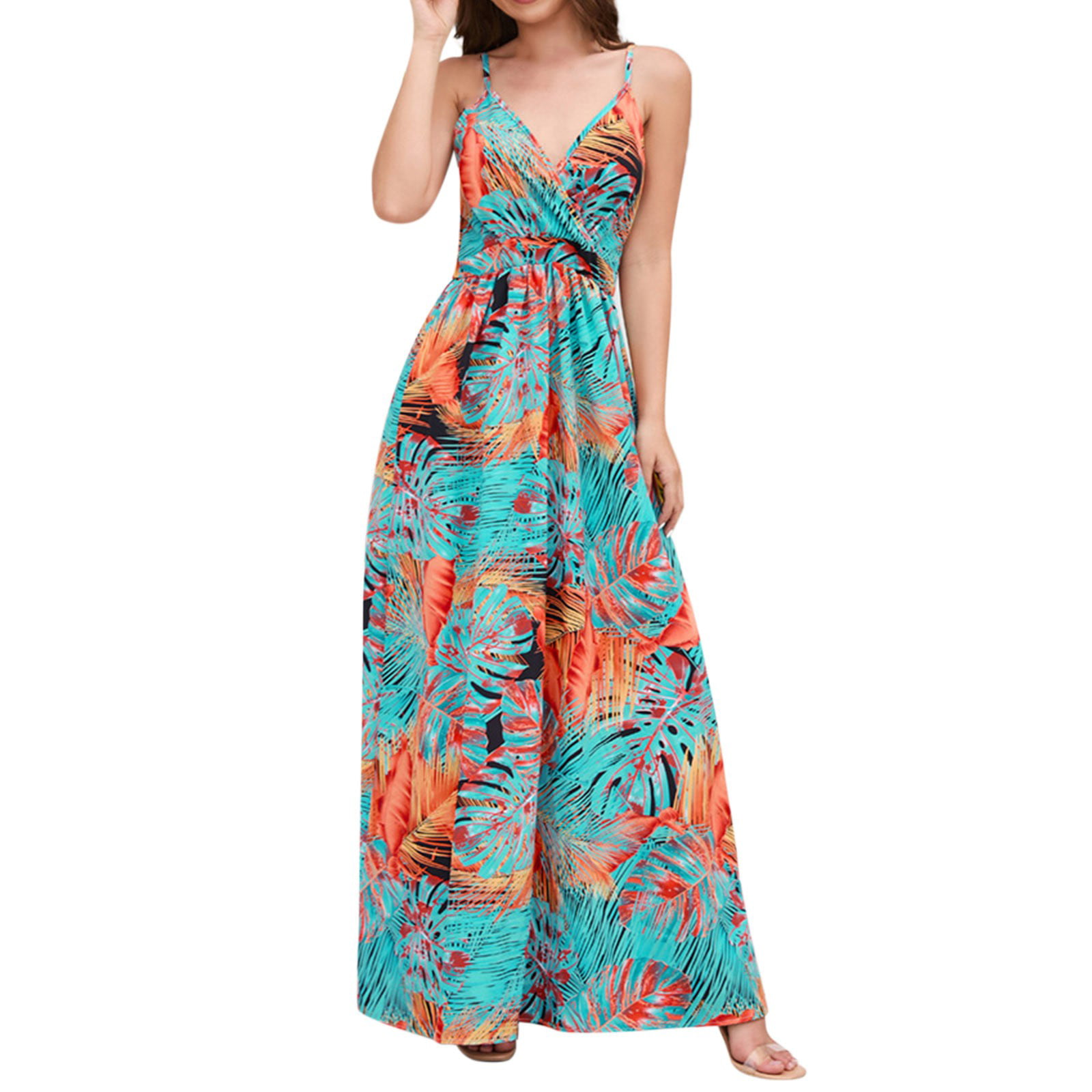 GWAABD Fall Maxi Dress for Women Womens Summer 2023 V Neck Floral Plus Size Sleeveless Elegant Long Dress