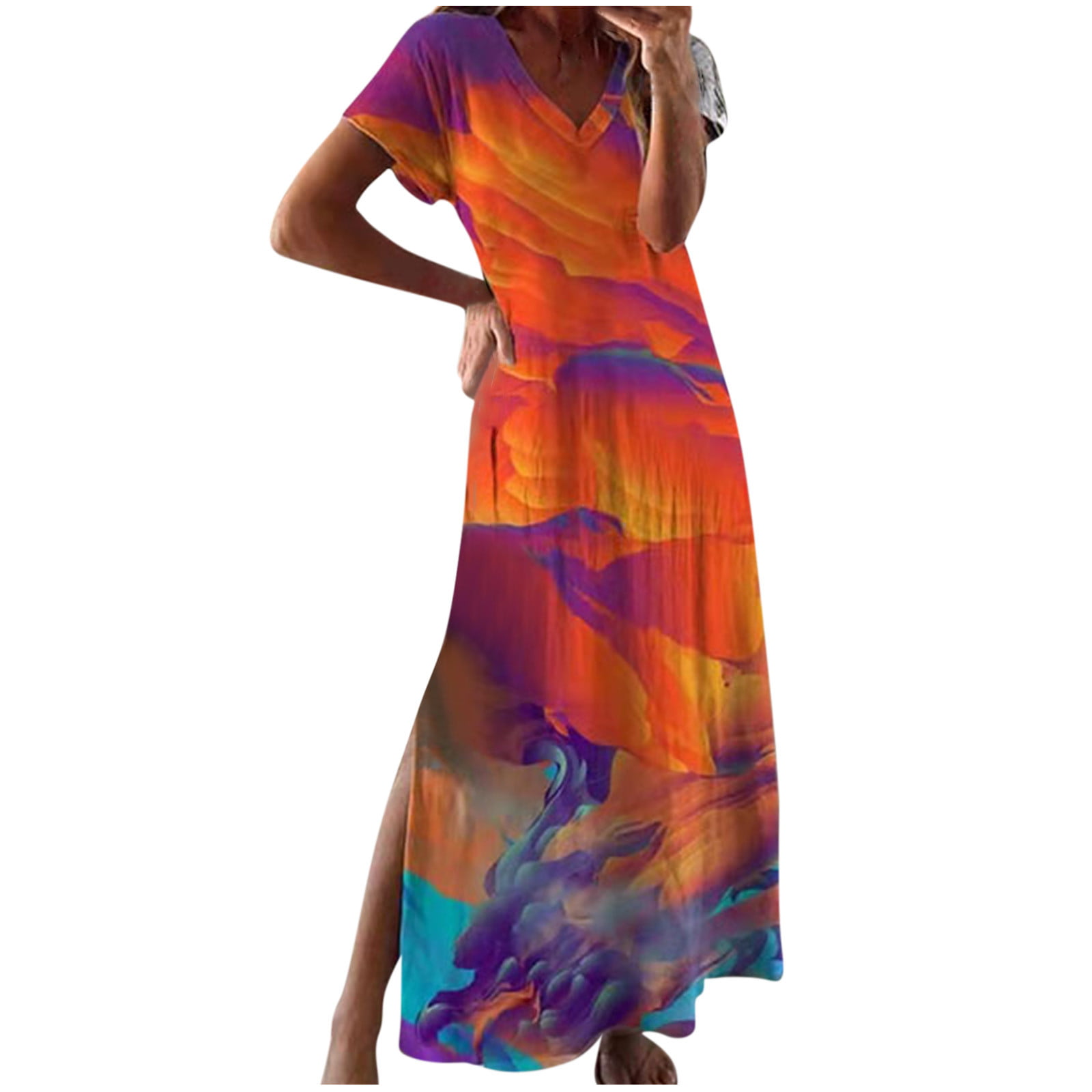 Homecoming Dresses Clearance Casual V-Neck Short Sleeve Vacation Printed Split Resort Style Dresses