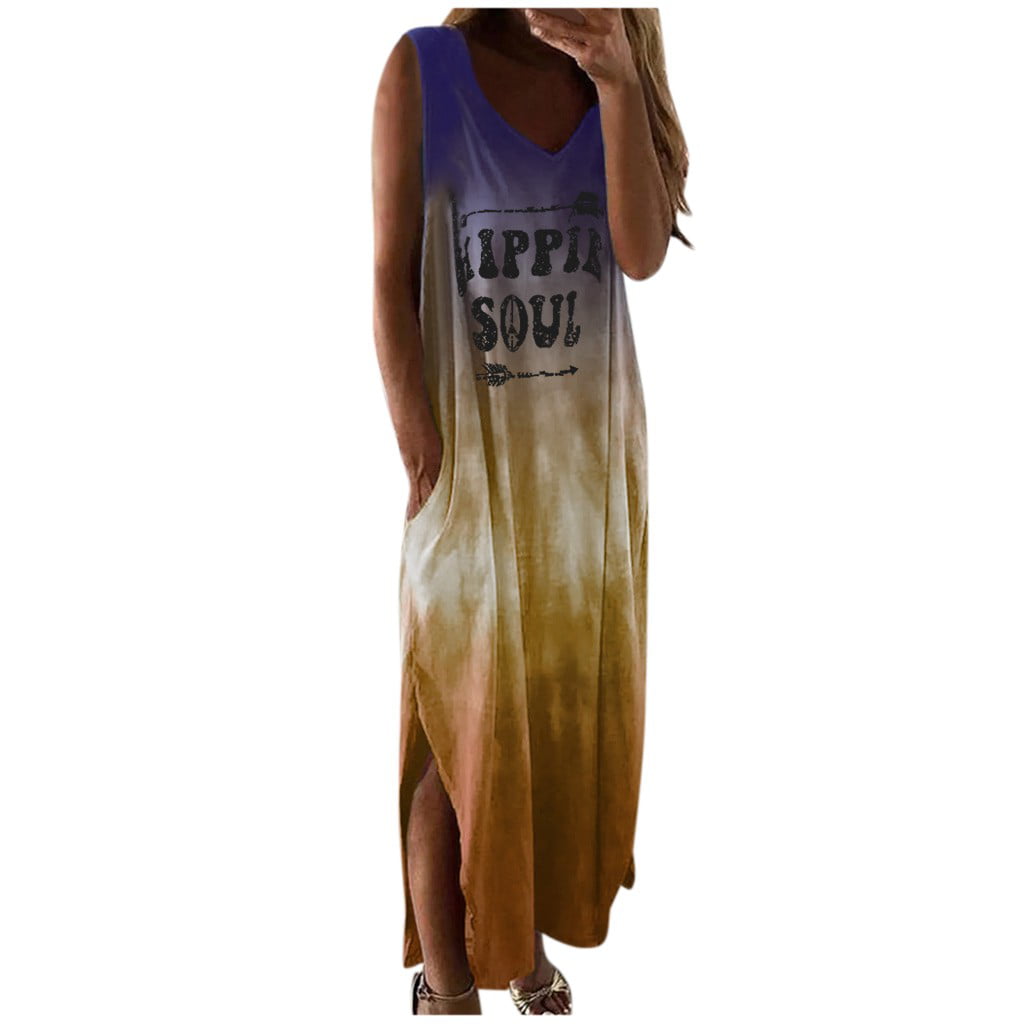 CLZOUD Dresses Summer Casual Yellow Polyester Women Casual Tie-dye Print Sleeveless Dress V-neck Pocket Long Dress Xl