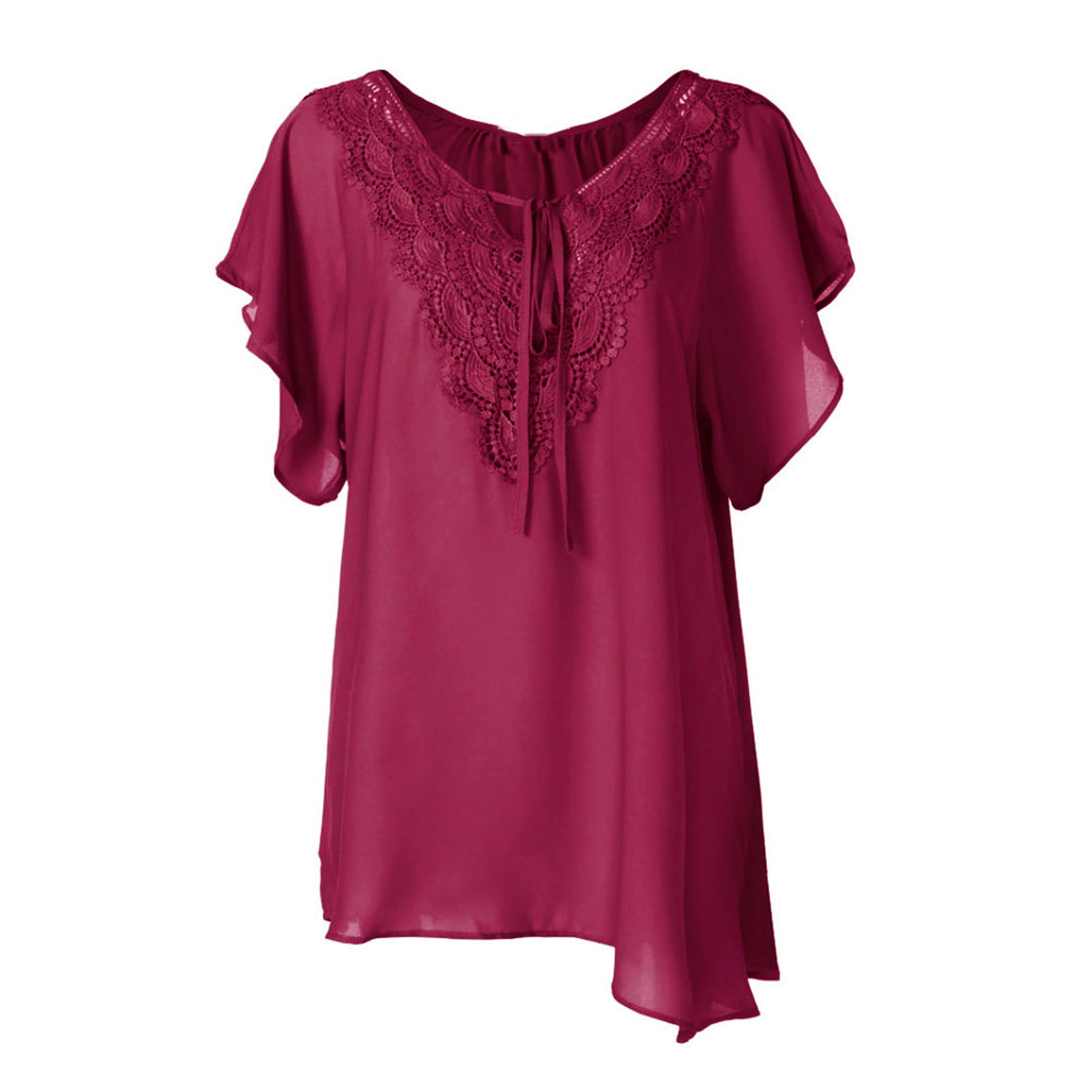 GWAABD T-Shirt Blouse Fashion Short Lace Womens Sleeve Bat Plus Tops Solid Casual Size Women S Blouse