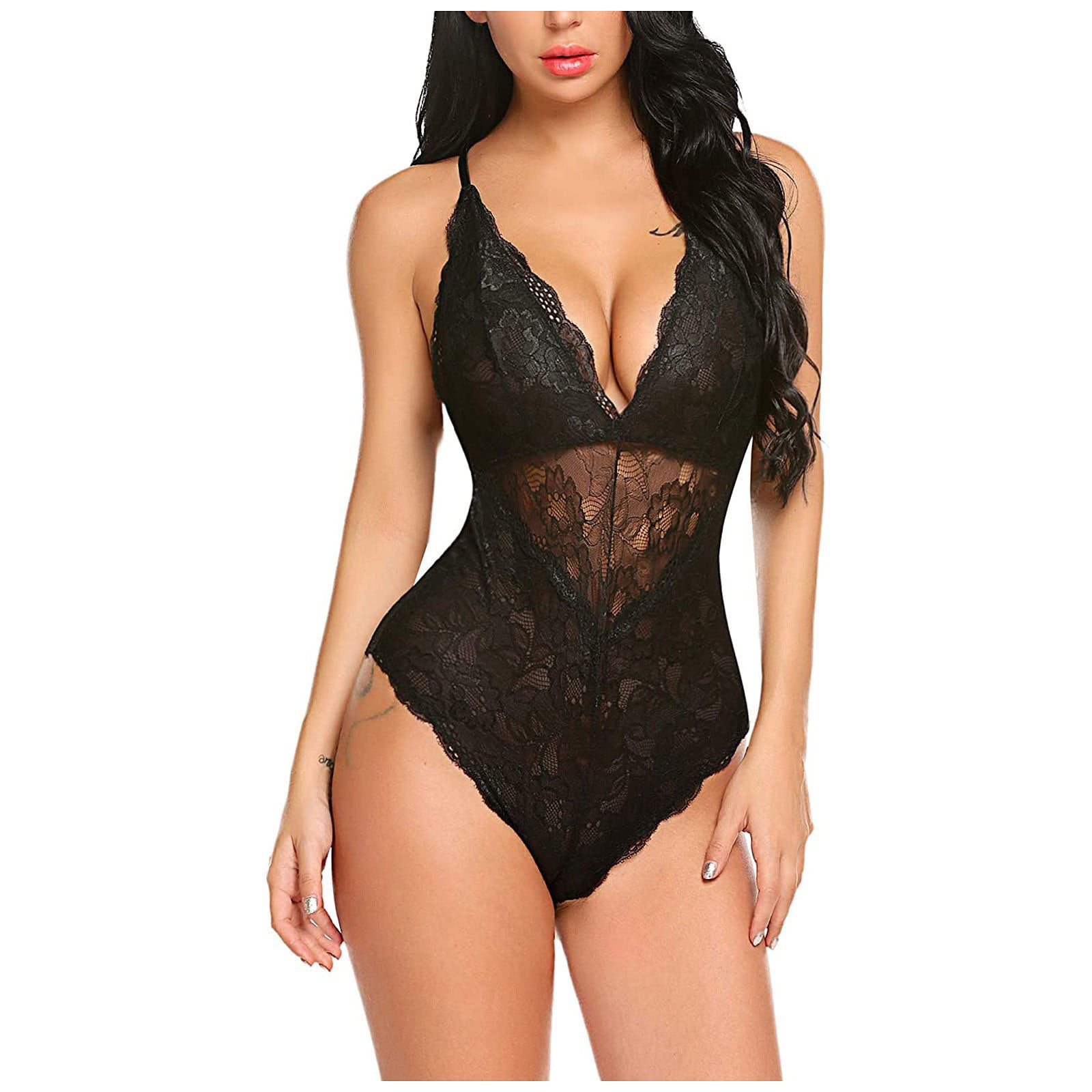 CLZOUD Bridal Lingerie Plus Size Black Net Yarny Ladies Lingerie Fashion Lace Bodysuit Deep V Lace Xxl