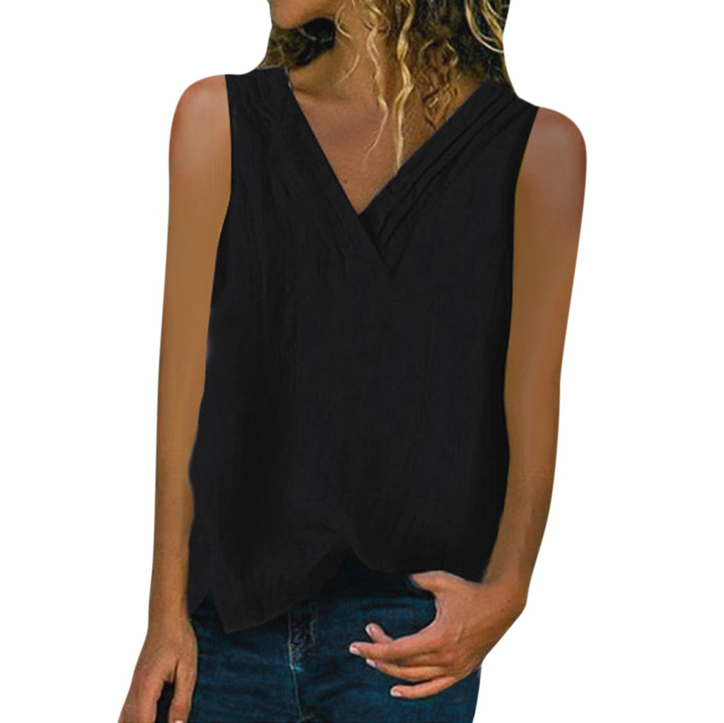 GWAABD Women Halter Crop Tops Womens Lmitation Linen Tops Shirt Ladies V Neck Loose Sleeveless Blouse Tee Vest