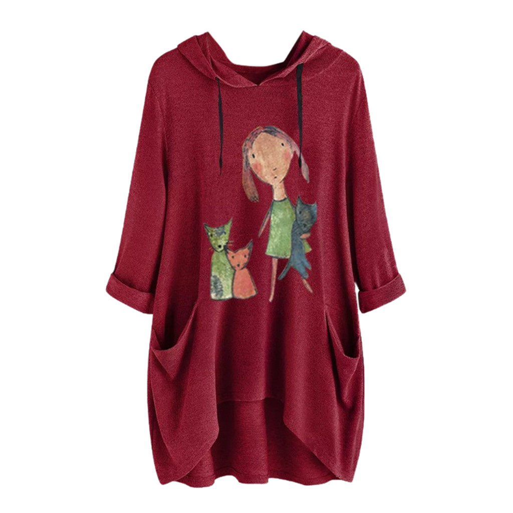 CLZOUD Work Shirts for Women Business Cotton Women Casual Print Long Sleeves Side Pocket Hooded Irregular Top Blouse Shirts Xl