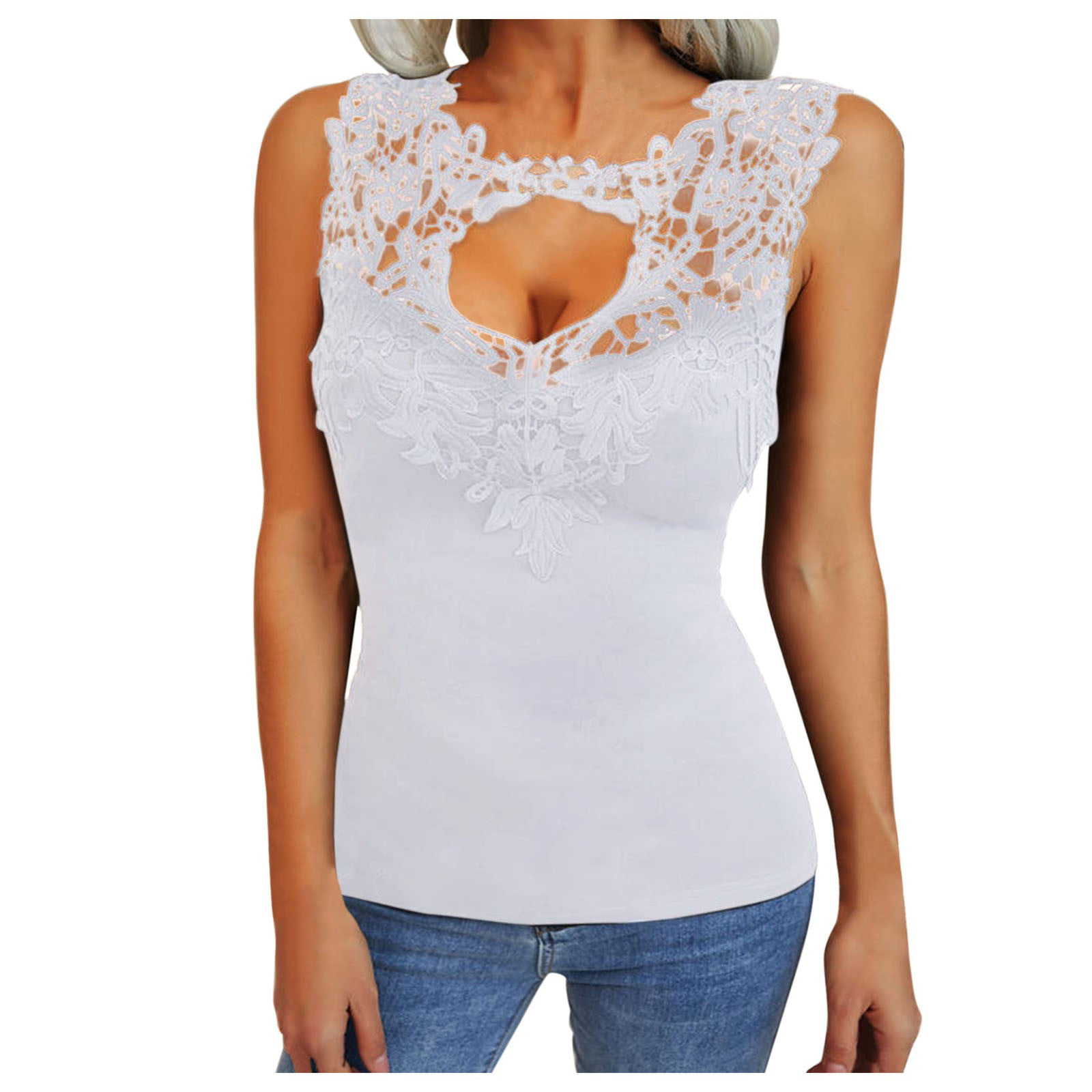 Womens Casual Solid Color Lace Stitching Hollow Sleeveless Vest T Shirt Summer Cute Graphic Tees Tops Workout T-Shirts Going Out Tshirts A67-12989