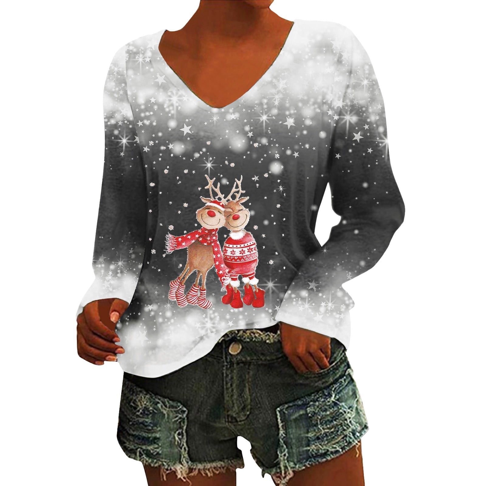 GWAABD Bell Sleeve Tops for Women Ladies Top V Neck Gradient Christmas Printed Long Sleeve Top T Shirt