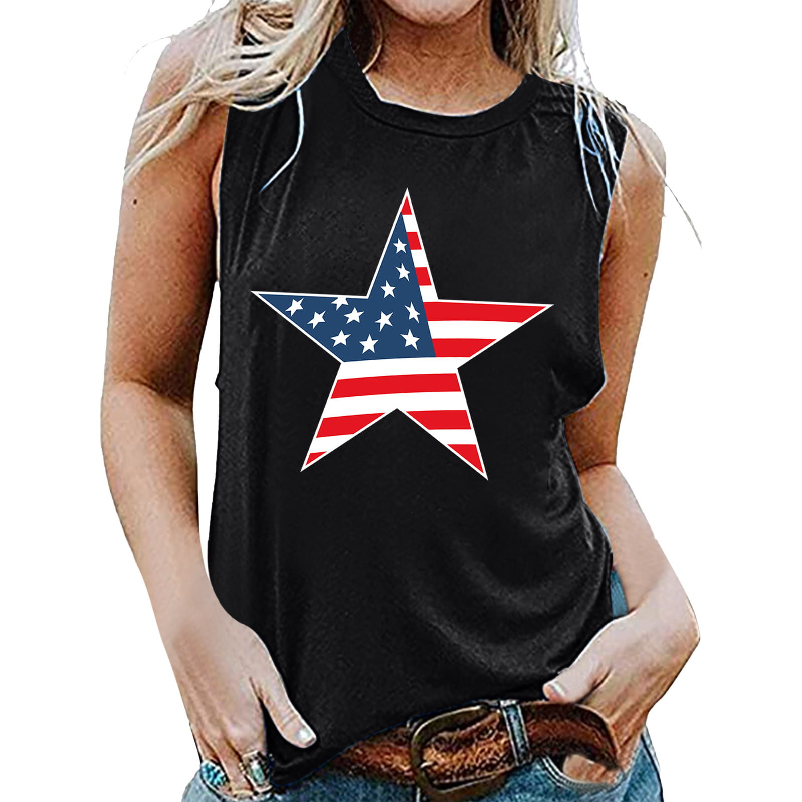 GWAABD Halterneck Crop Tops Women Summer Independence Day Sleeveless Round Neck Printing Tank Tops Casual T Shirts Blouse Top