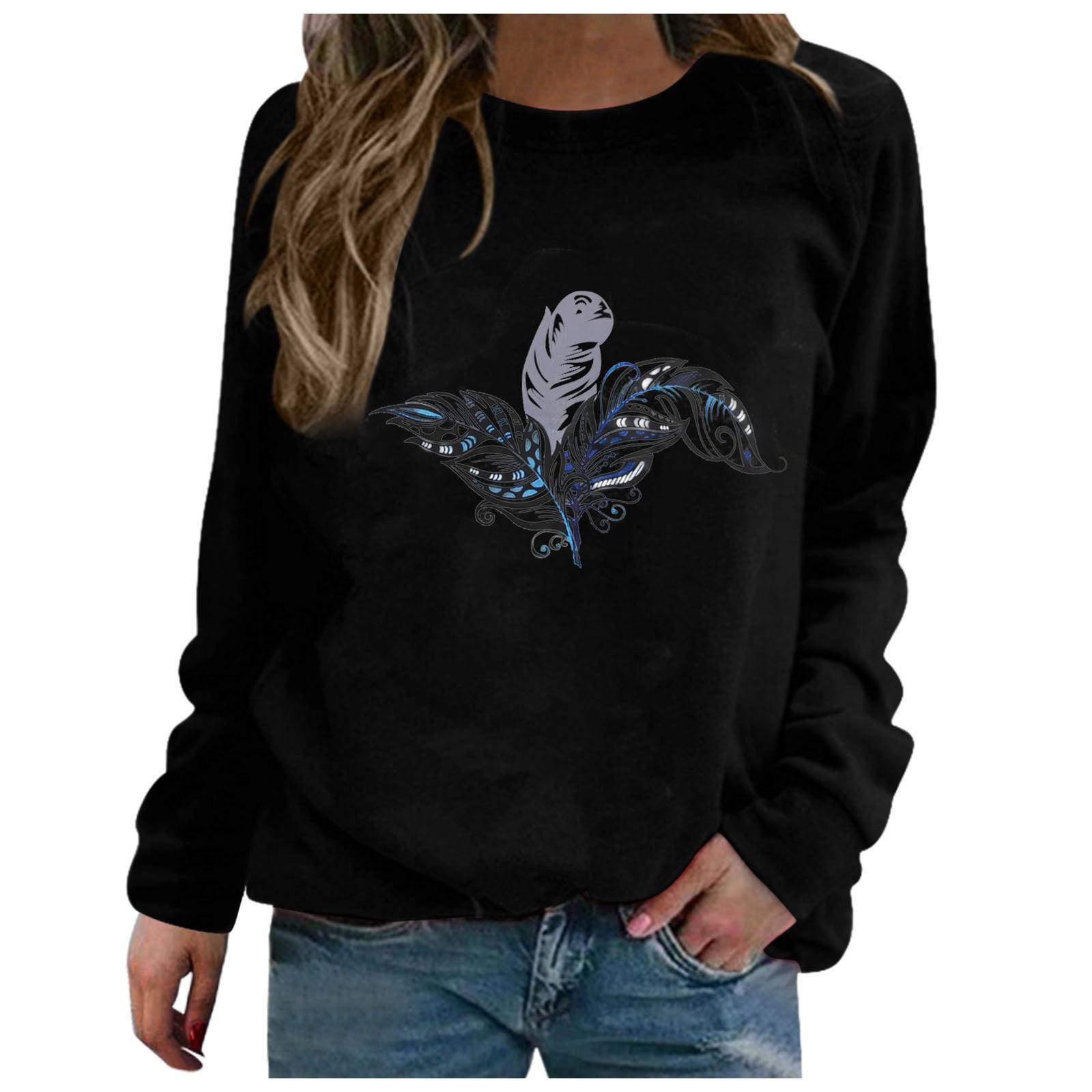 GWAABD Womens Shirts Trendy Women S Printing Sweatshirt Sports Long Sleeves Pullover Solid Color Blouse