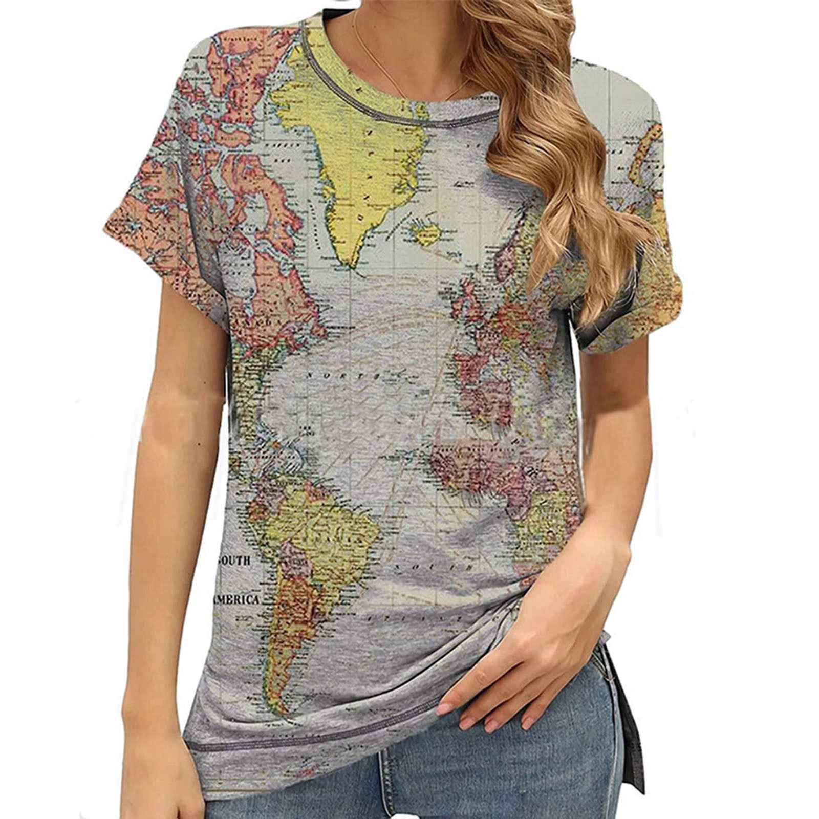 CLZOUD Women T Shirts Grey Personality Design Printed Crew Neck Casual Simple Short Sleeve T Shirt Xxl